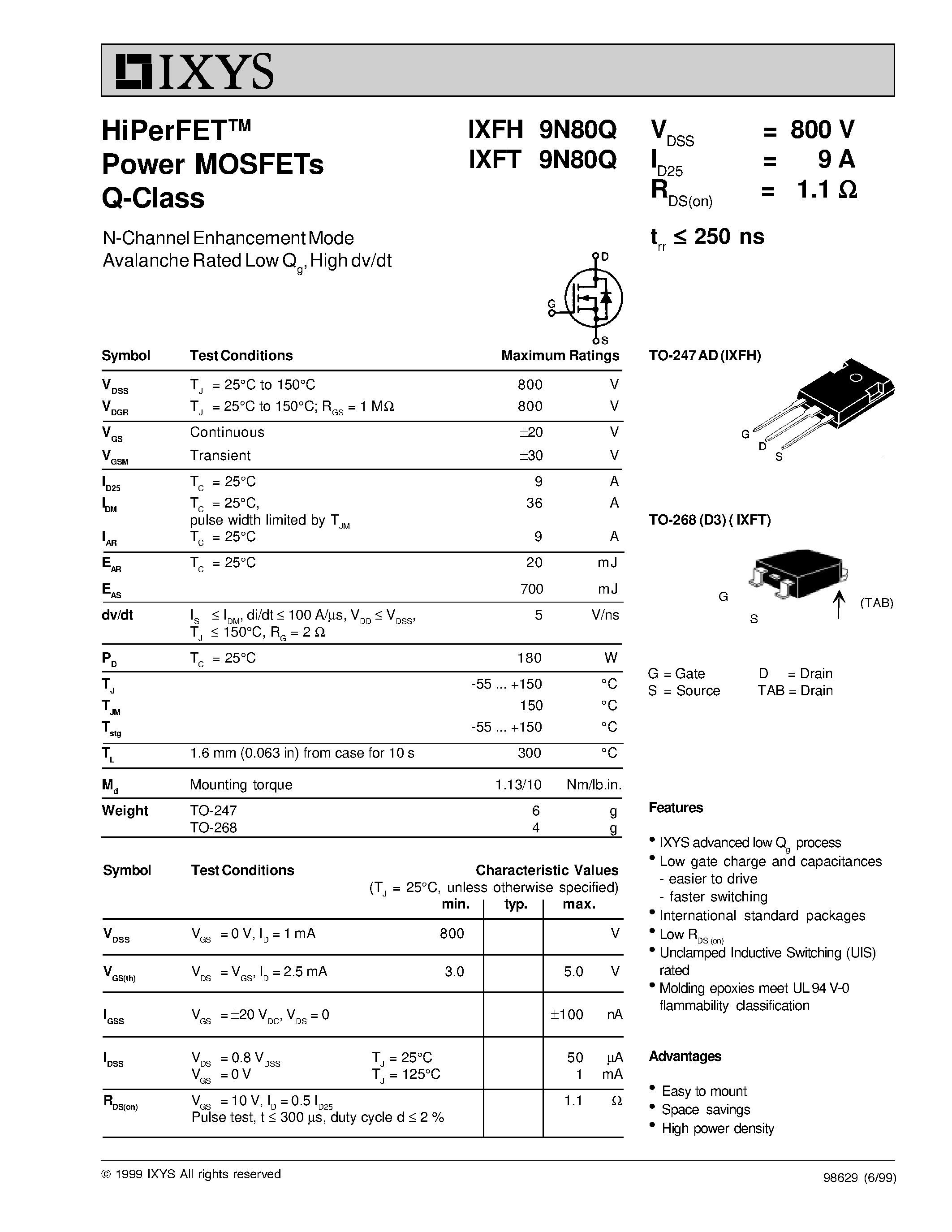Даташит IXFT9N80Q - HiPerFET Power MOSFETs Q-Class страница 1