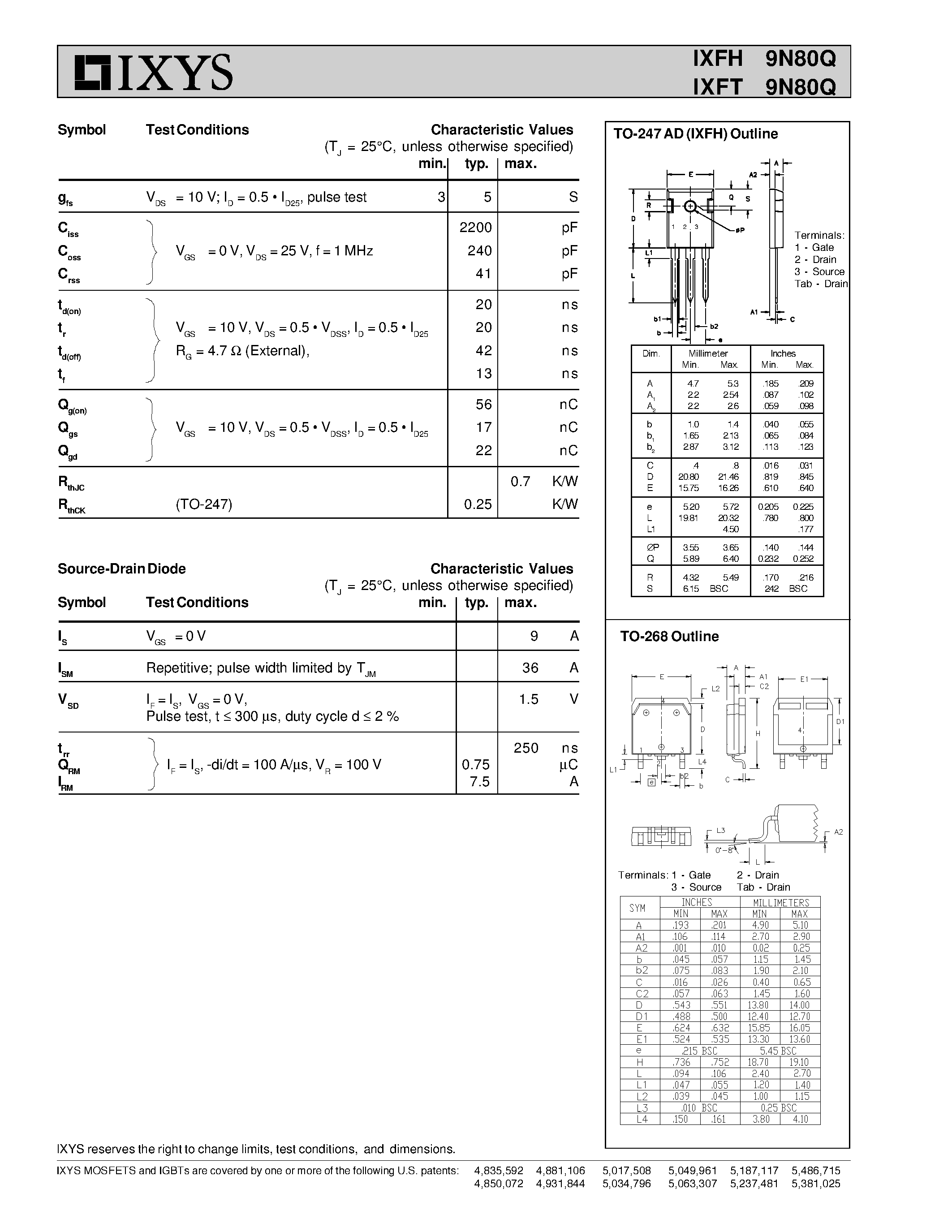 Даташит IXFT9N80Q - HiPerFET Power MOSFETs Q-Class страница 2