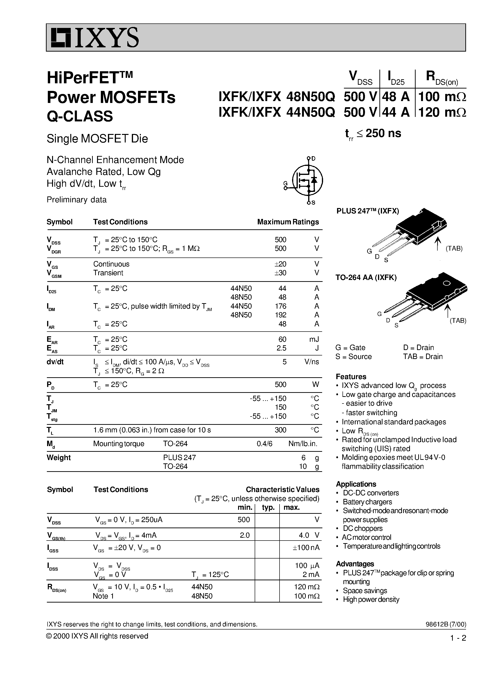 Даташит IXFX44N50Q - HiPer FET Power MOSFETs Q-CLASS страница 1