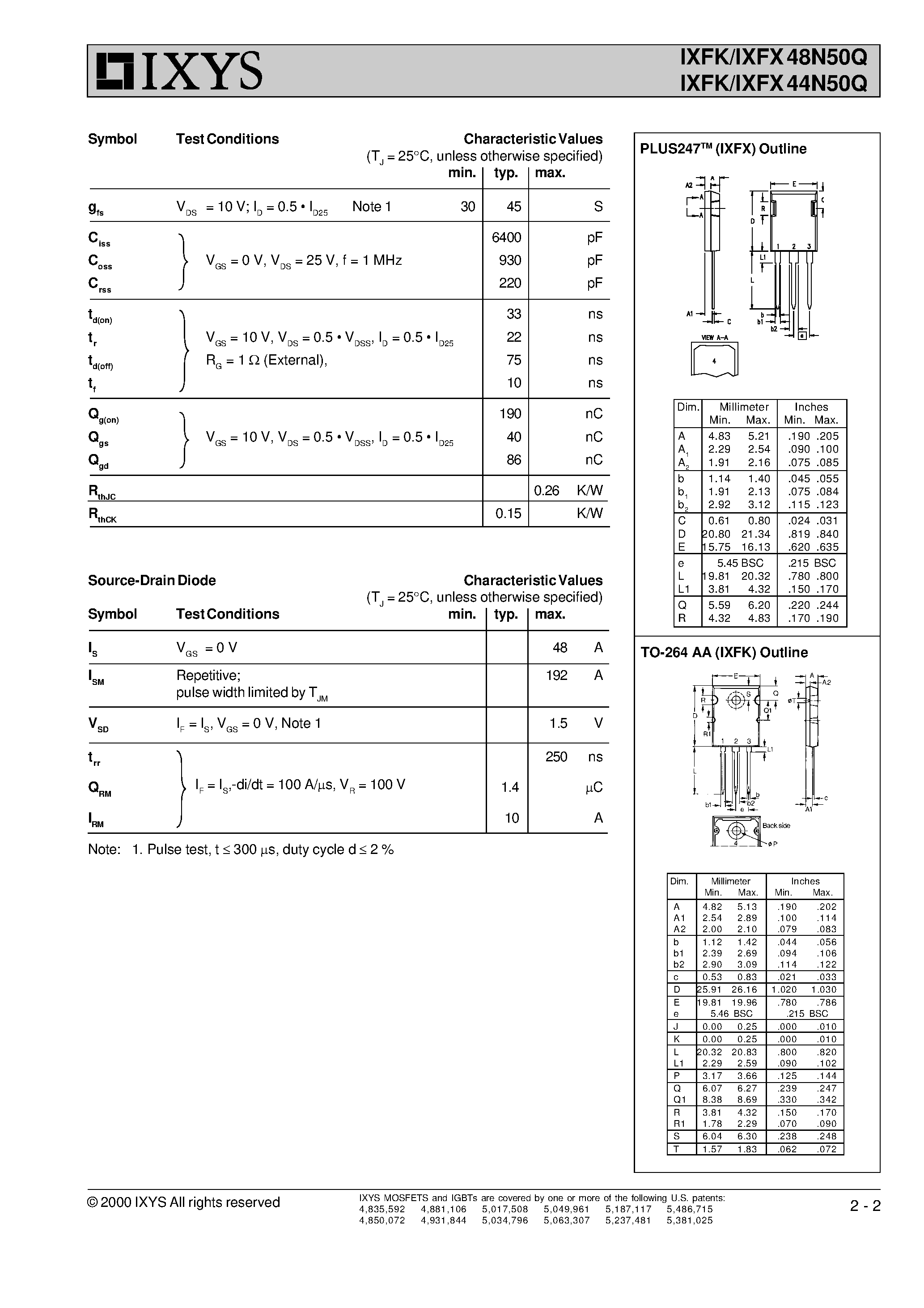Datasheet IXFX44N50Q - HiPer FET Power MOSFETs Q-CLASS page 2