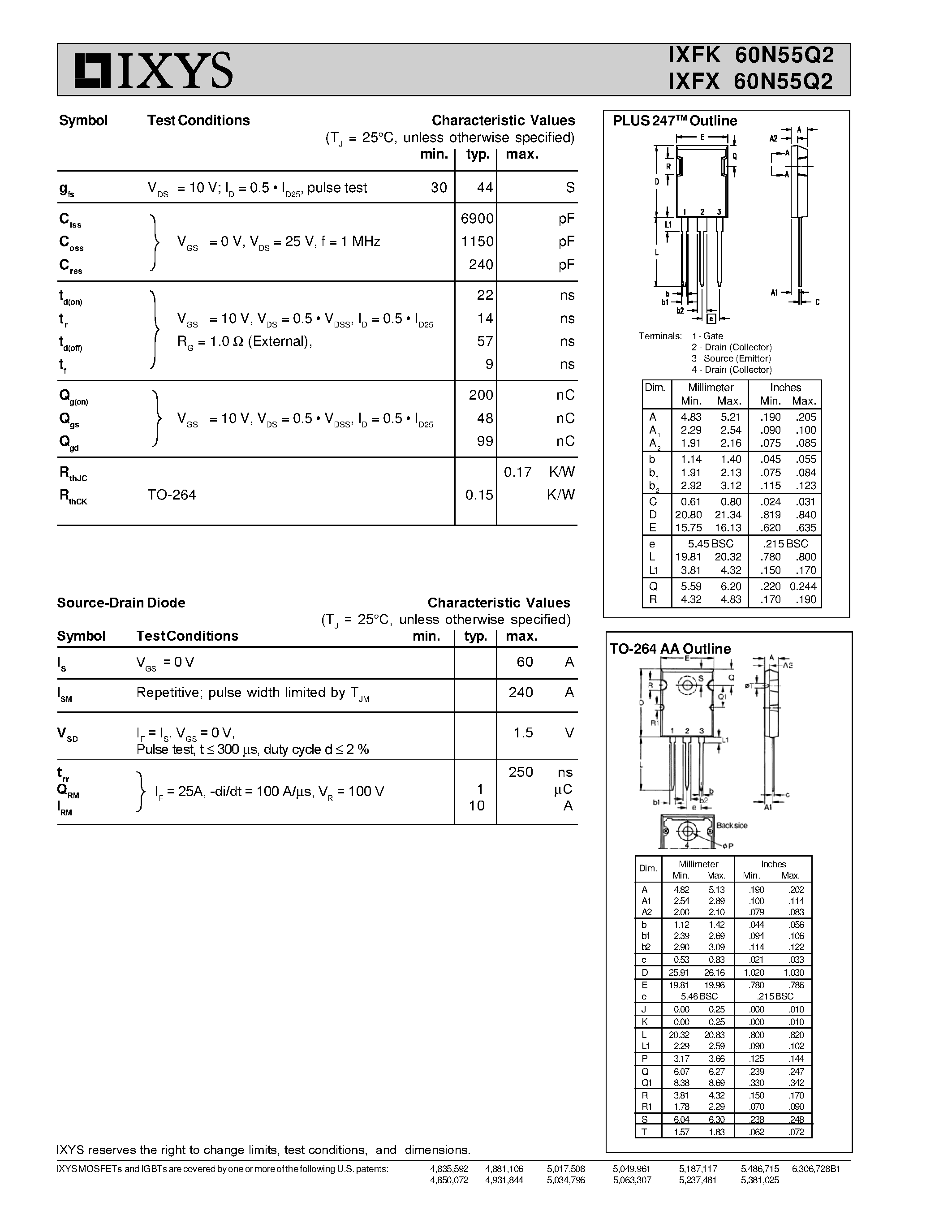 Даташит IXFX60N55Q2 - HiPerFET Power MOSFETs Q-Class страница 2
