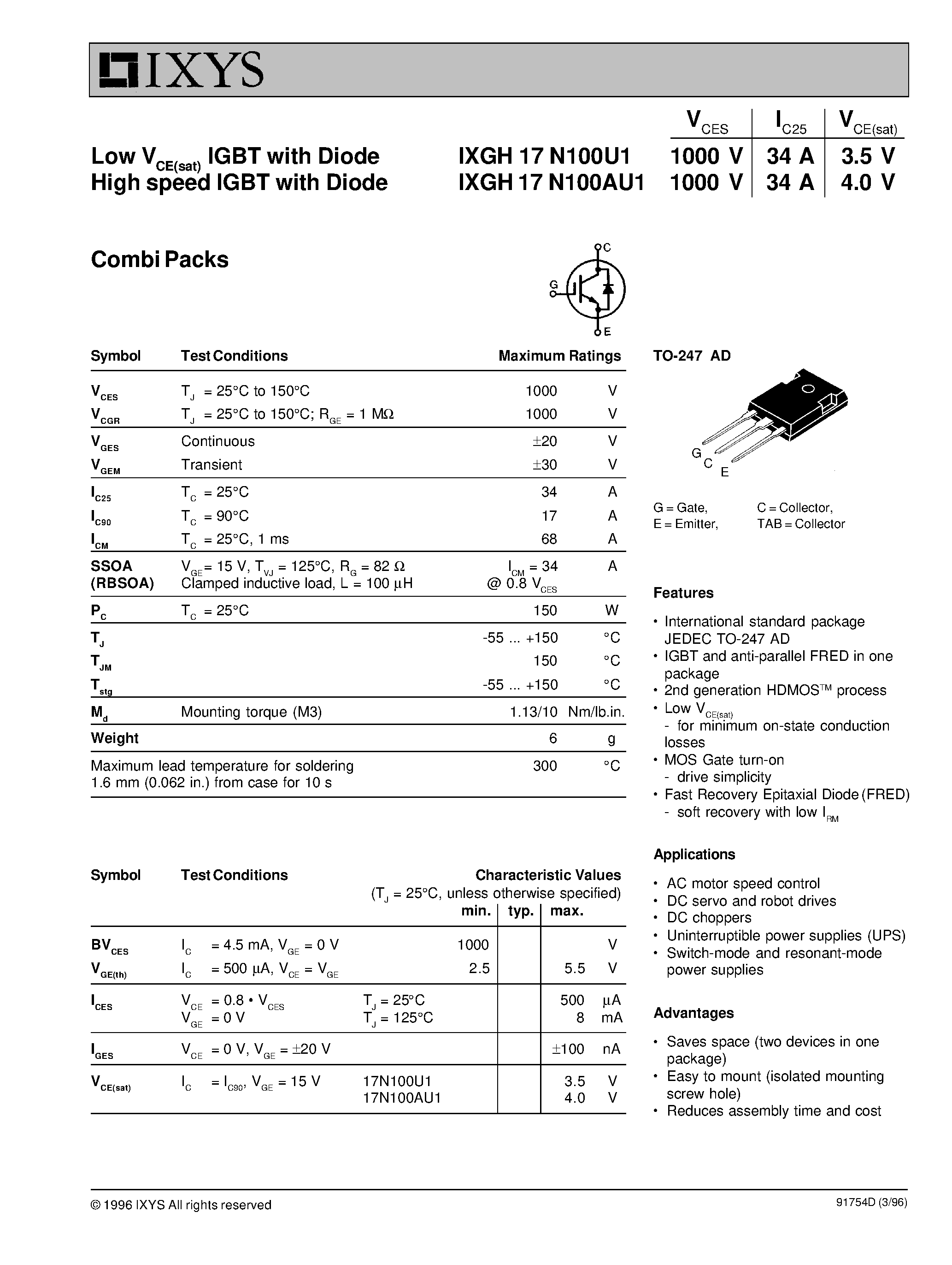 Datasheet IXGH17N100U1 - Low VCE(sat) IGBT with Diode High speed IGBT with Diode page 1