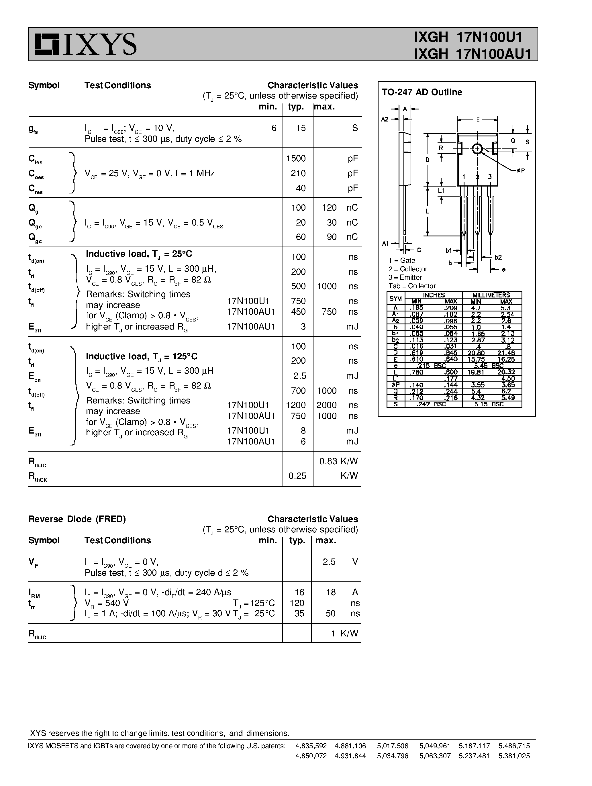 Datasheet IXGH17N100U1 - Low VCE(sat) IGBT with Diode High speed IGBT with Diode page 2