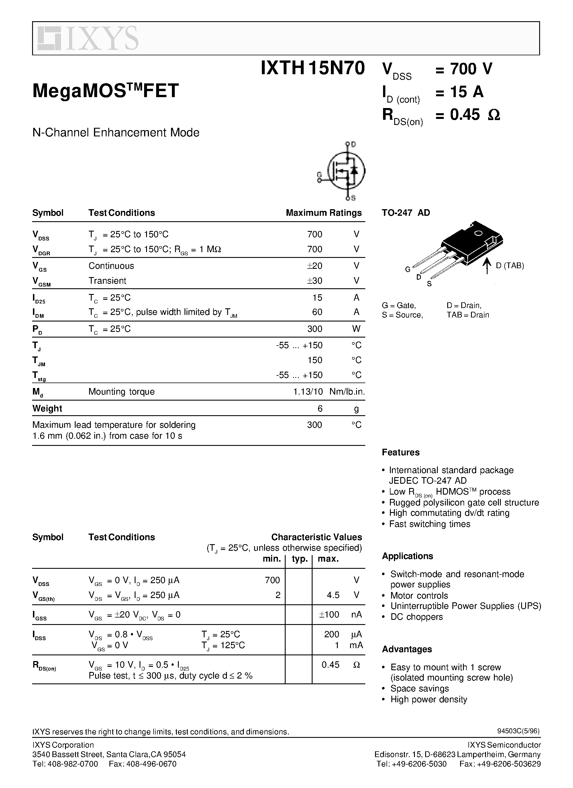 Datasheet IXTH15N70 - N-Channel Enhancement Mode page 1