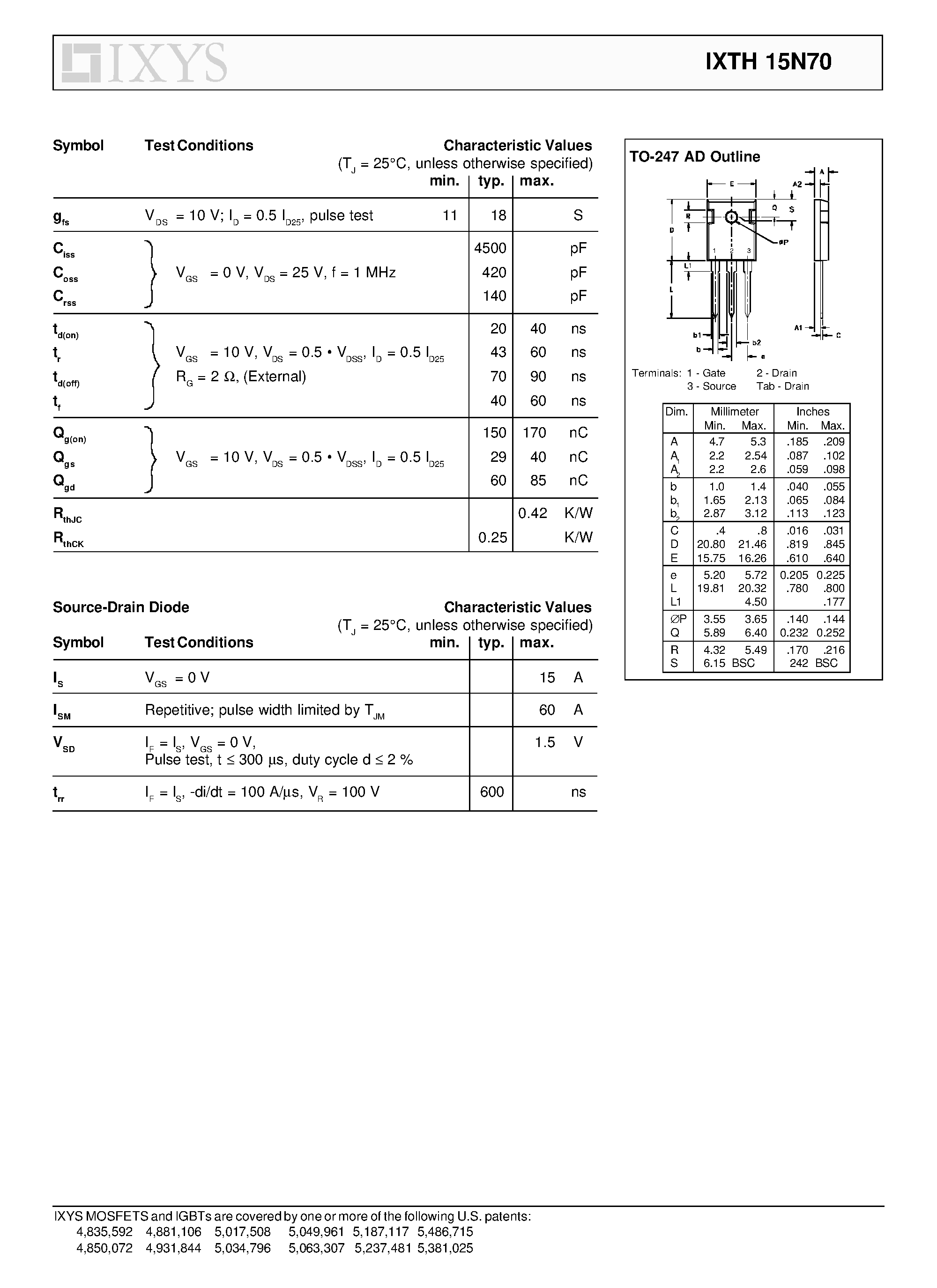 Datasheet IXTH15N70 - N-Channel Enhancement Mode page 2