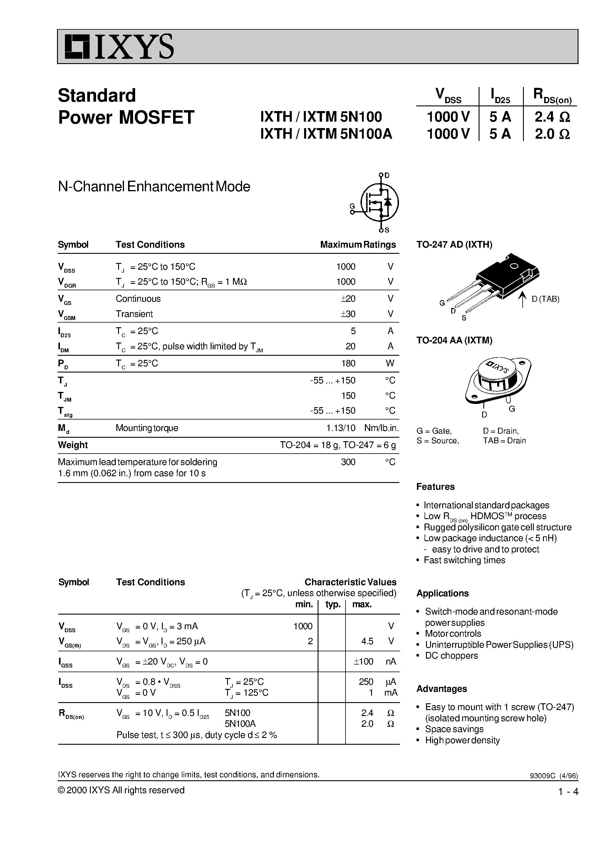 Даташит на микросхему IXTH5N100A страница 1 Даташит IXTH5N100A - Standard Power MOSFET страница 1