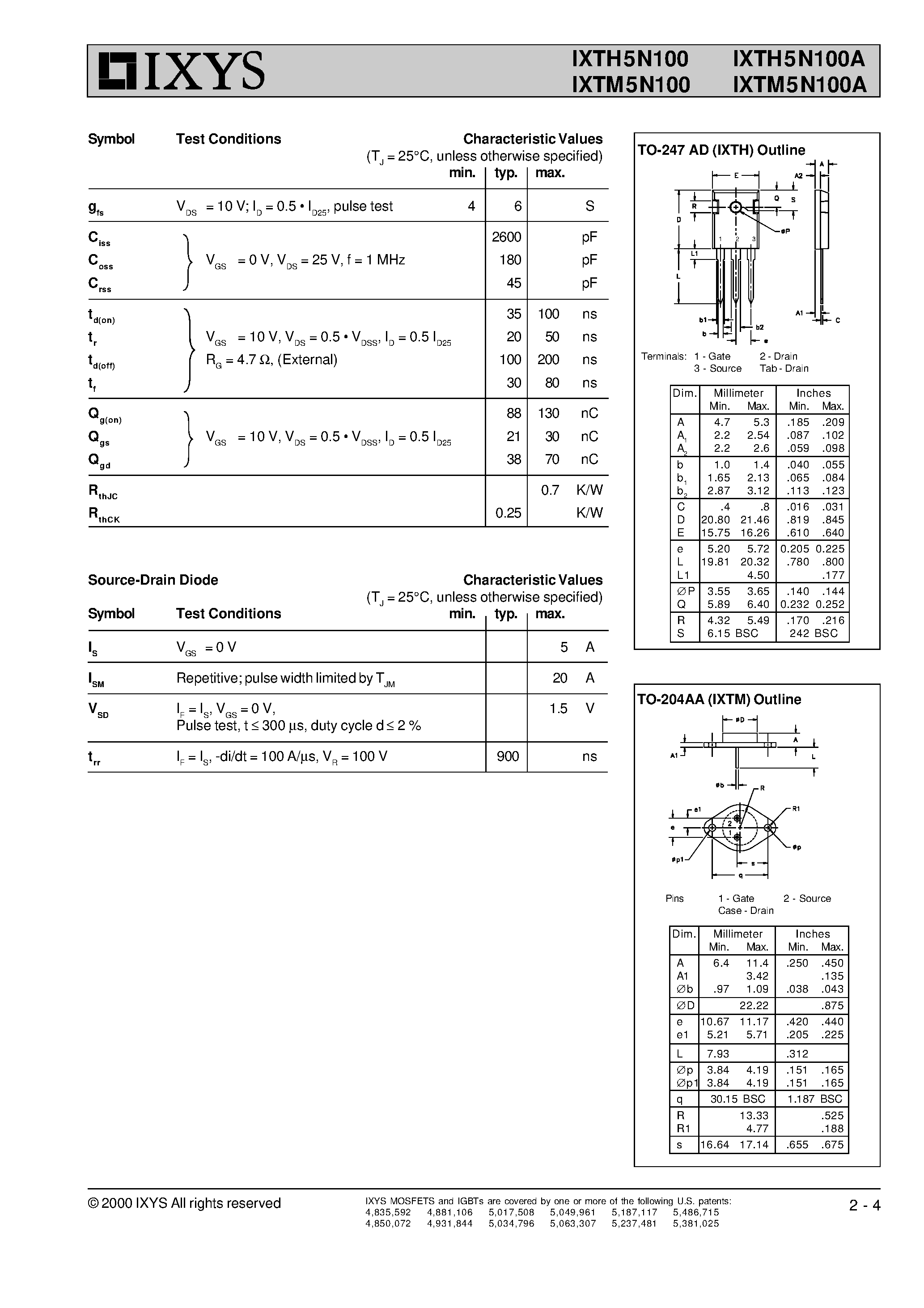 Даташит на микросхему IXTH5N100A страница 2 Даташит IXTH5N100A - Standard Power MOSFET страница 2