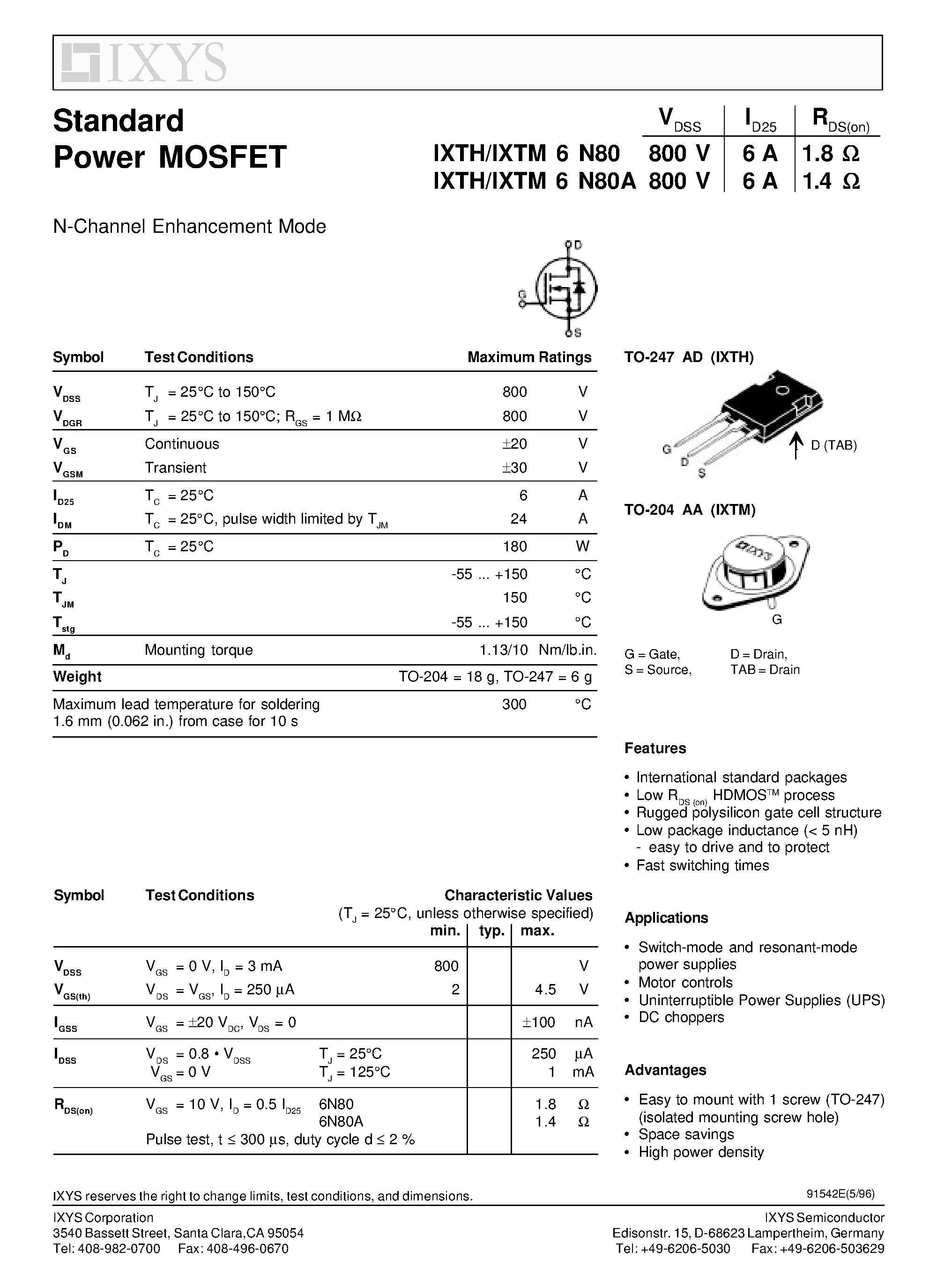 Datasheet IXTH6N80 - N-Channel Enhancement Mode page 1