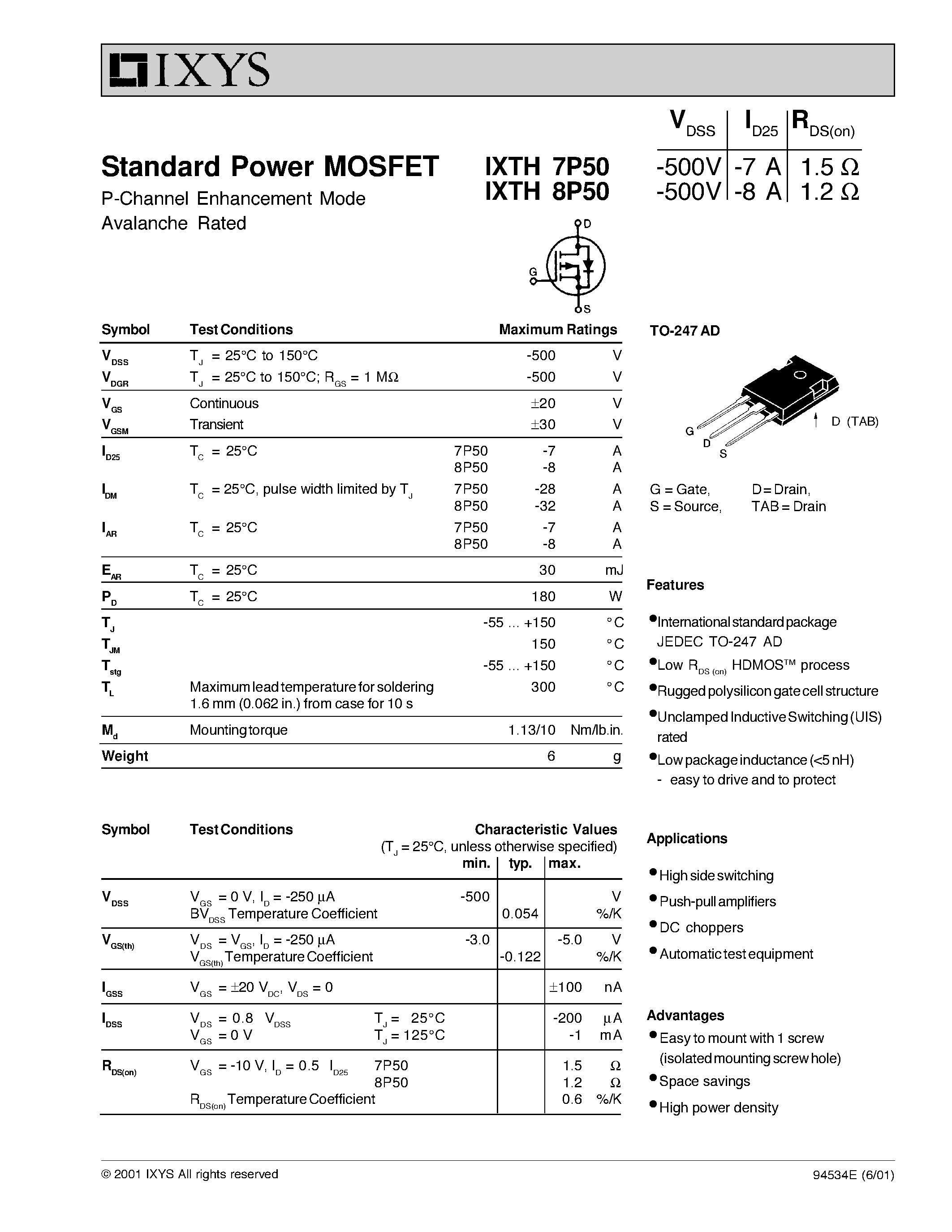 Datasheet IXTH7P50 page 1 Datasheet IXTH7P50 - Standard Power MOSFET P-Channel Enhancement Mode Avalanche Rated page 1