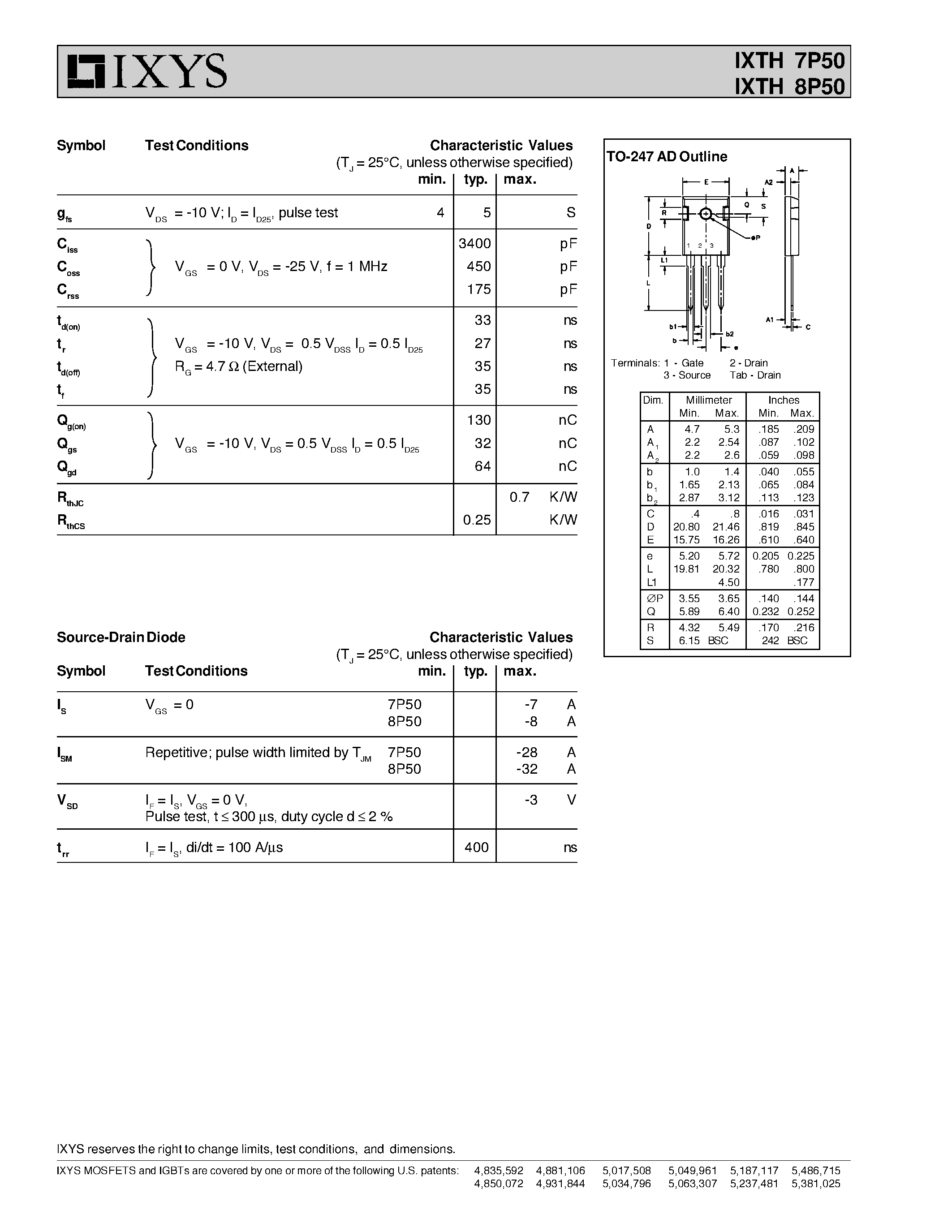 Datasheet IXTH7P50 page 2 Datasheet IXTH7P50 - Standard Power MOSFET P-Channel Enhancement Mode Avalanche Rated page 2
