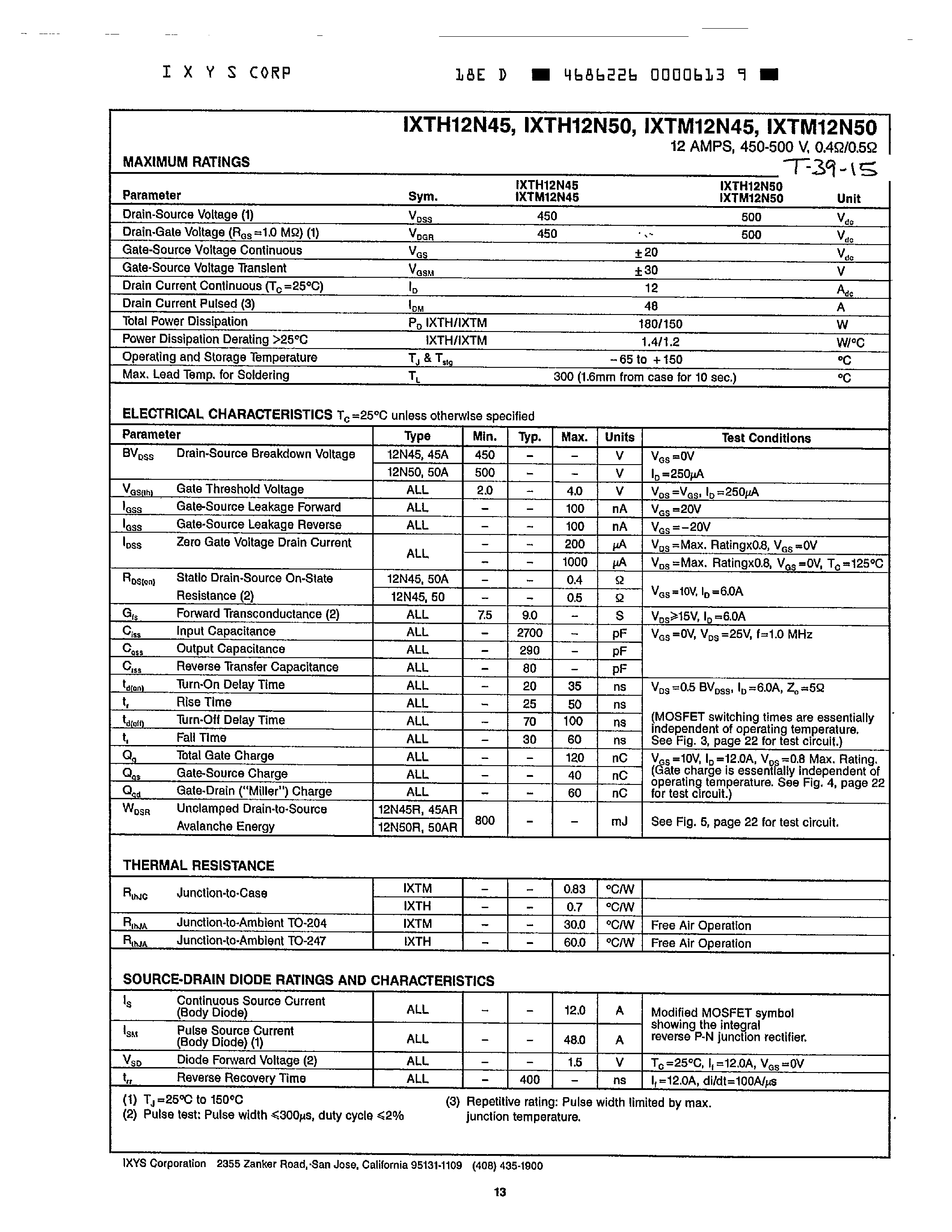 Datasheet IXTM12N45 - 12 AMPS/ 450-500V/ 0.4OM/0.5OM page 1