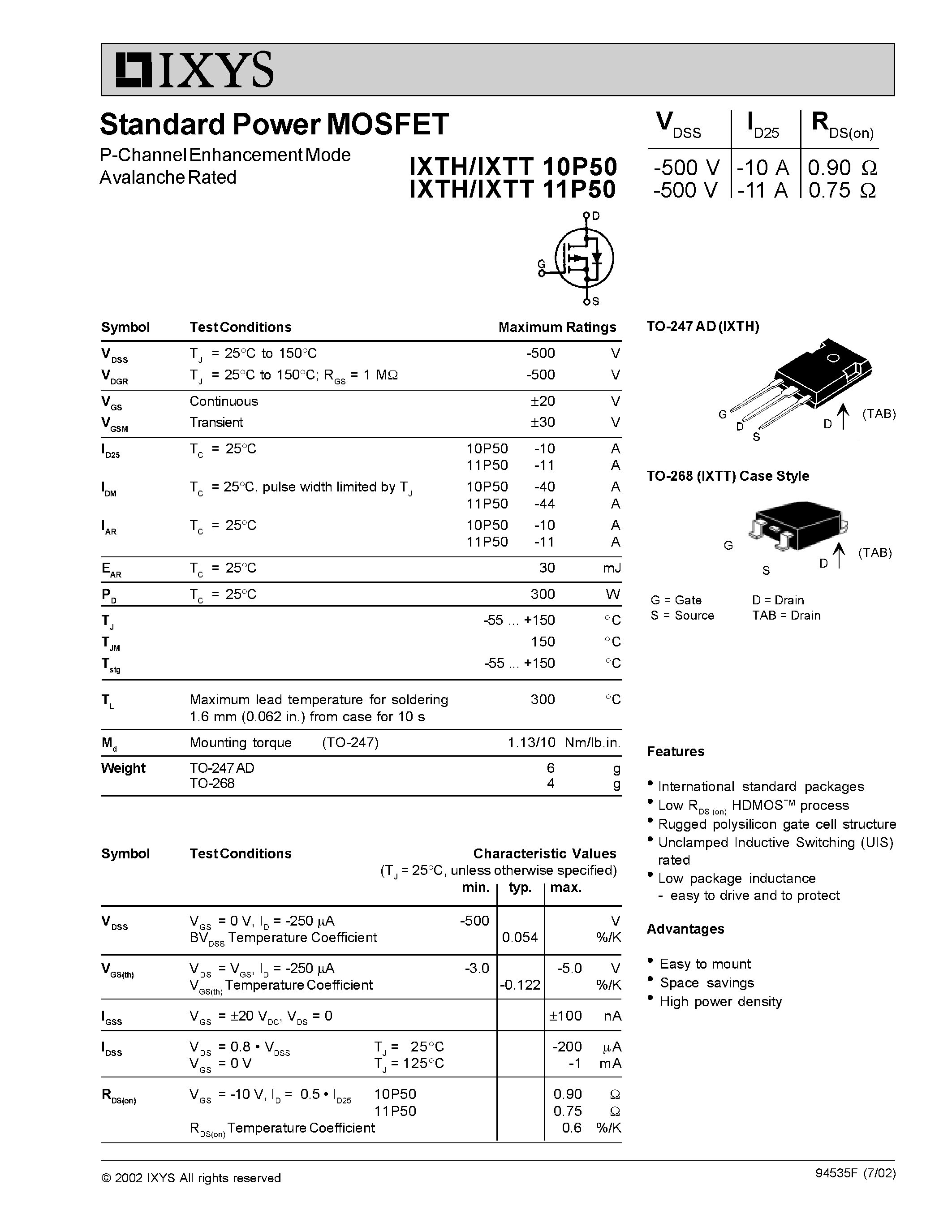 Datasheet IXTT11P50 page 1 Datasheet IXTT11P50 - Standard Power MOSFET P-Channel Enhancement Mode Avalanche Rated page 1