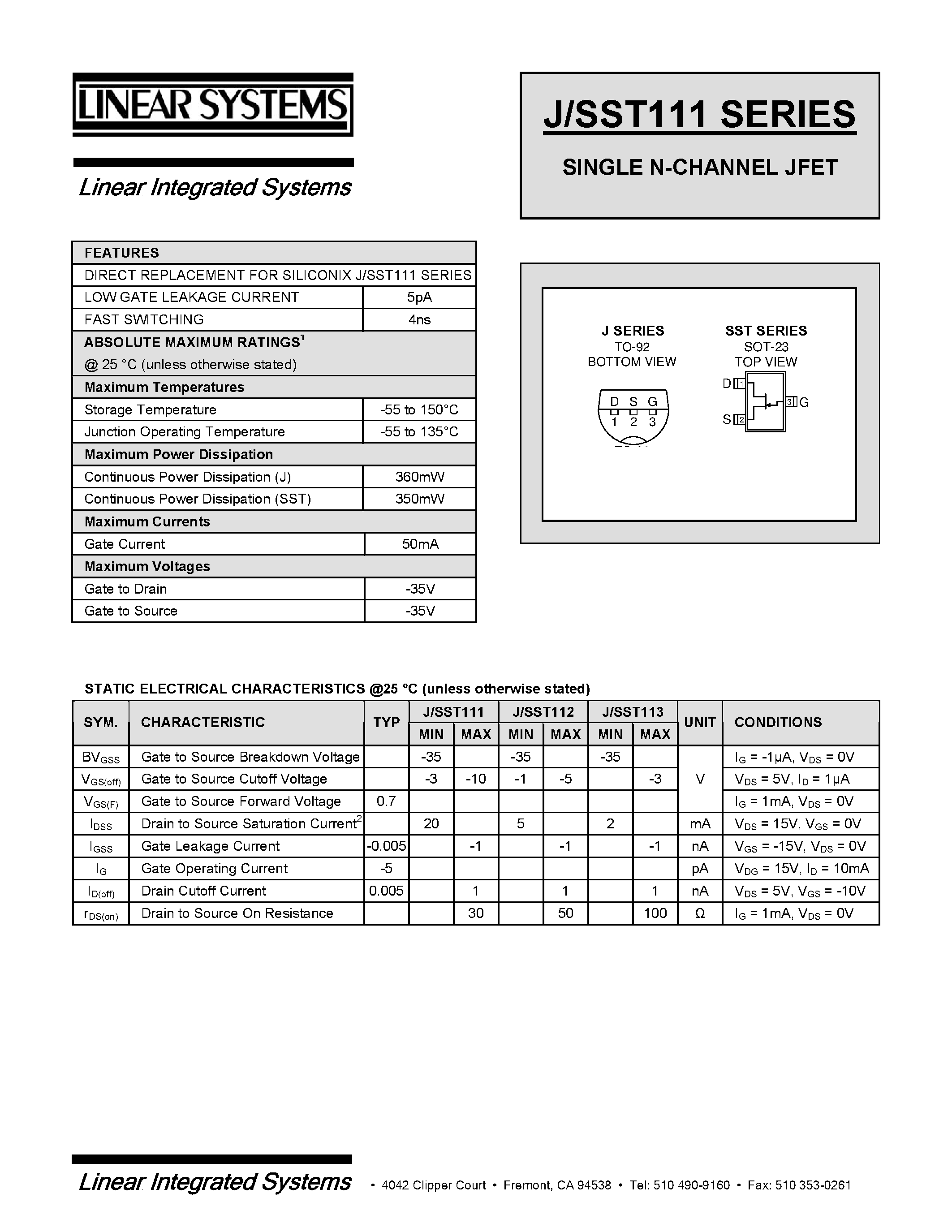 Datasheet J/SST111 - SINGLE N-CHANNEL JFET page 1