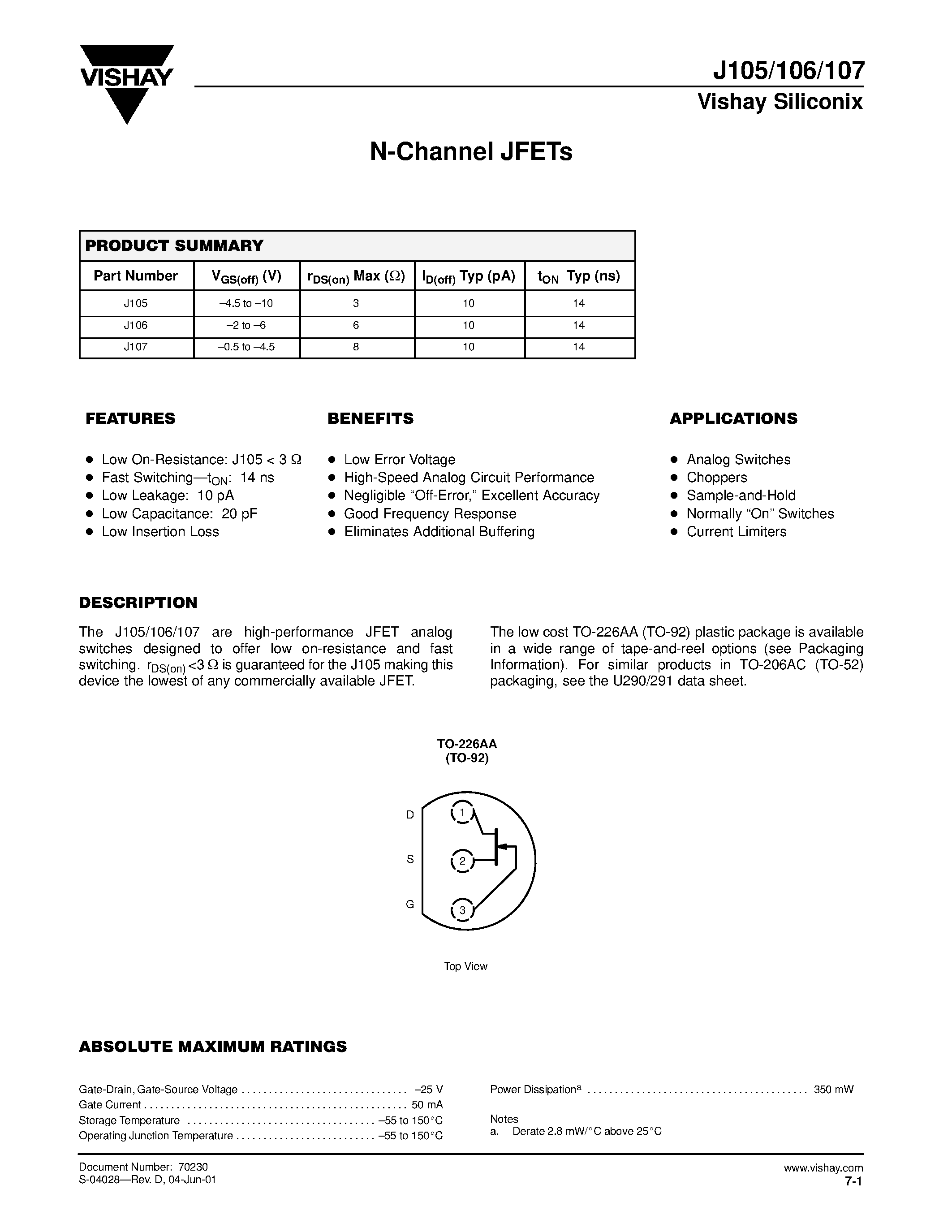Datasheet J107 - N-Channel JFETs page 1