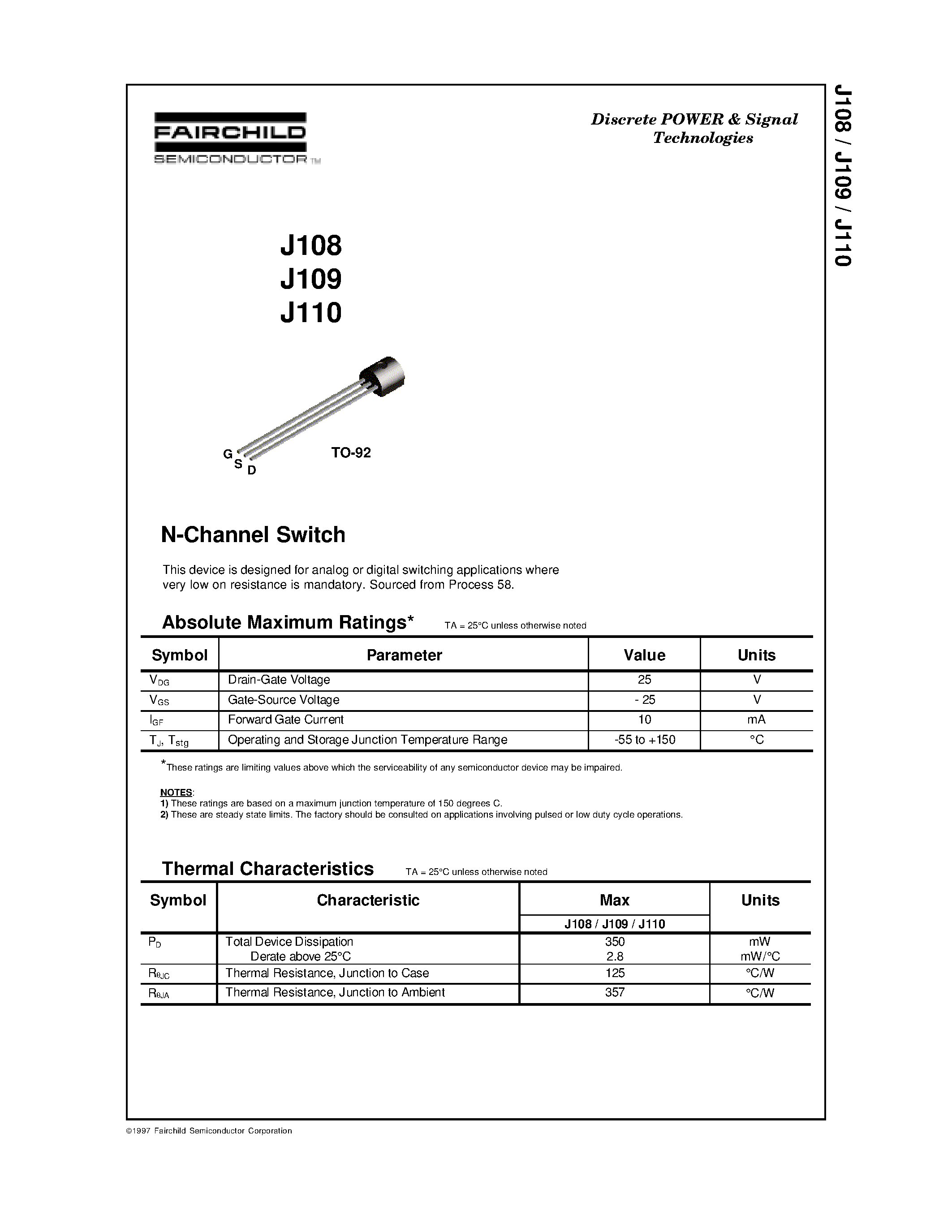 Datasheet J108 - N-Channel Switch page 1