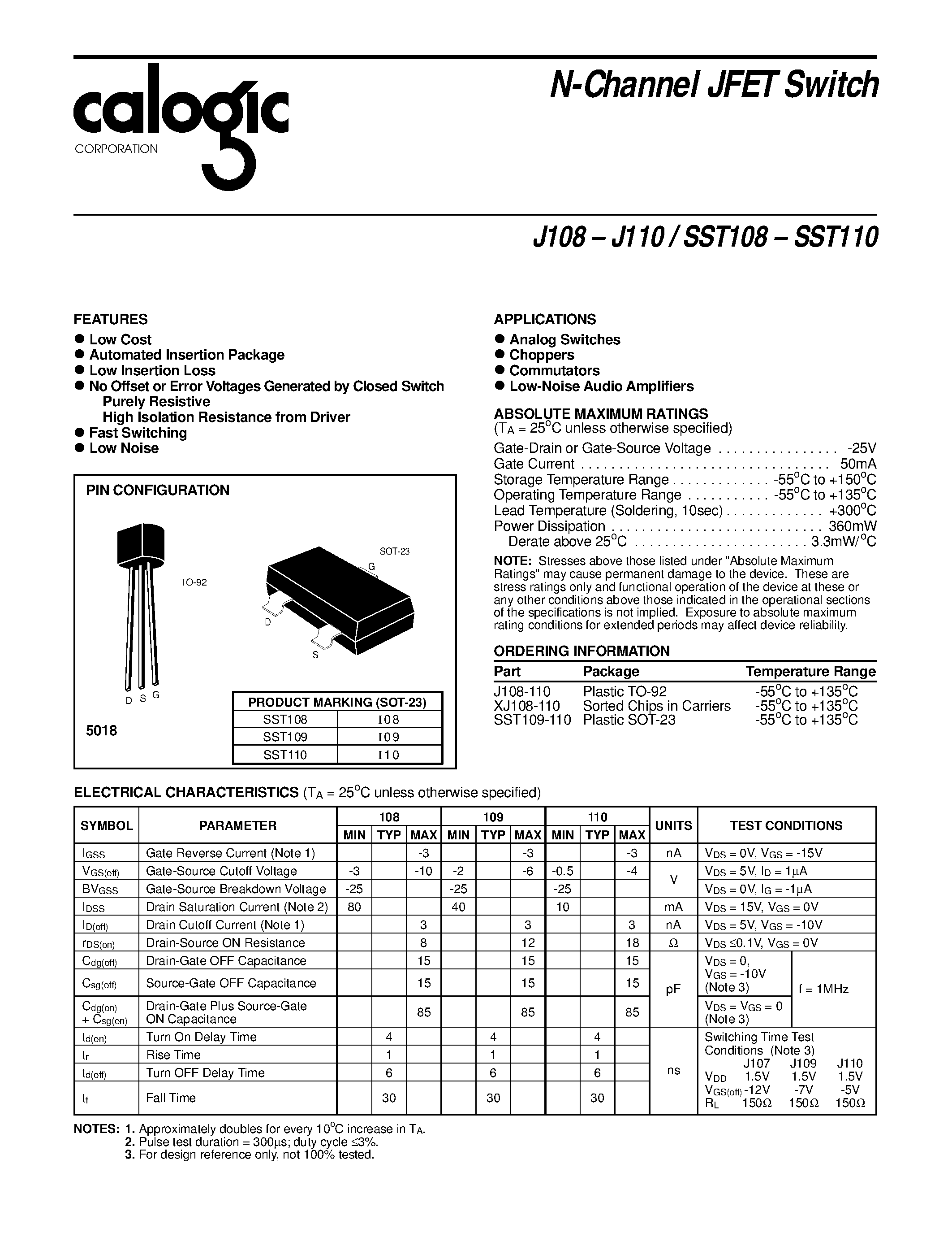 Datasheet J108 - N-Channel JFET Switch page 1