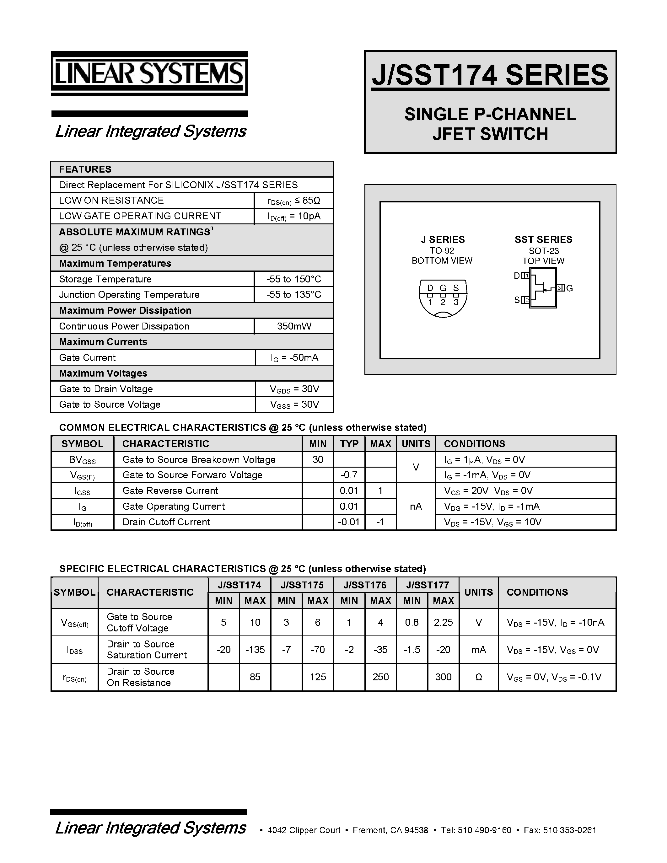Datasheet J174 - SINGLE P-CHANNEL JFET SWITCH page 1