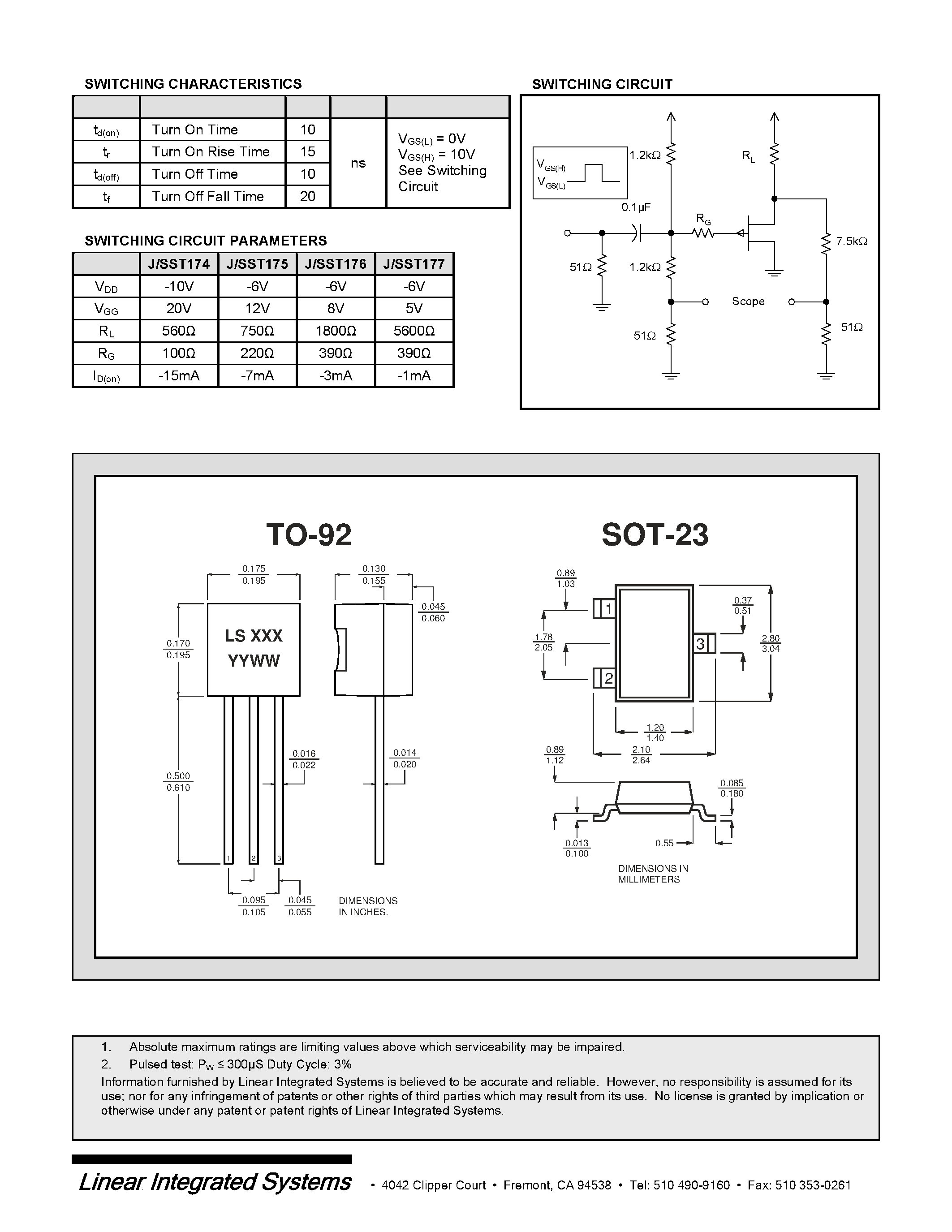 Datasheet J174 - SINGLE P-CHANNEL JFET SWITCH page 2