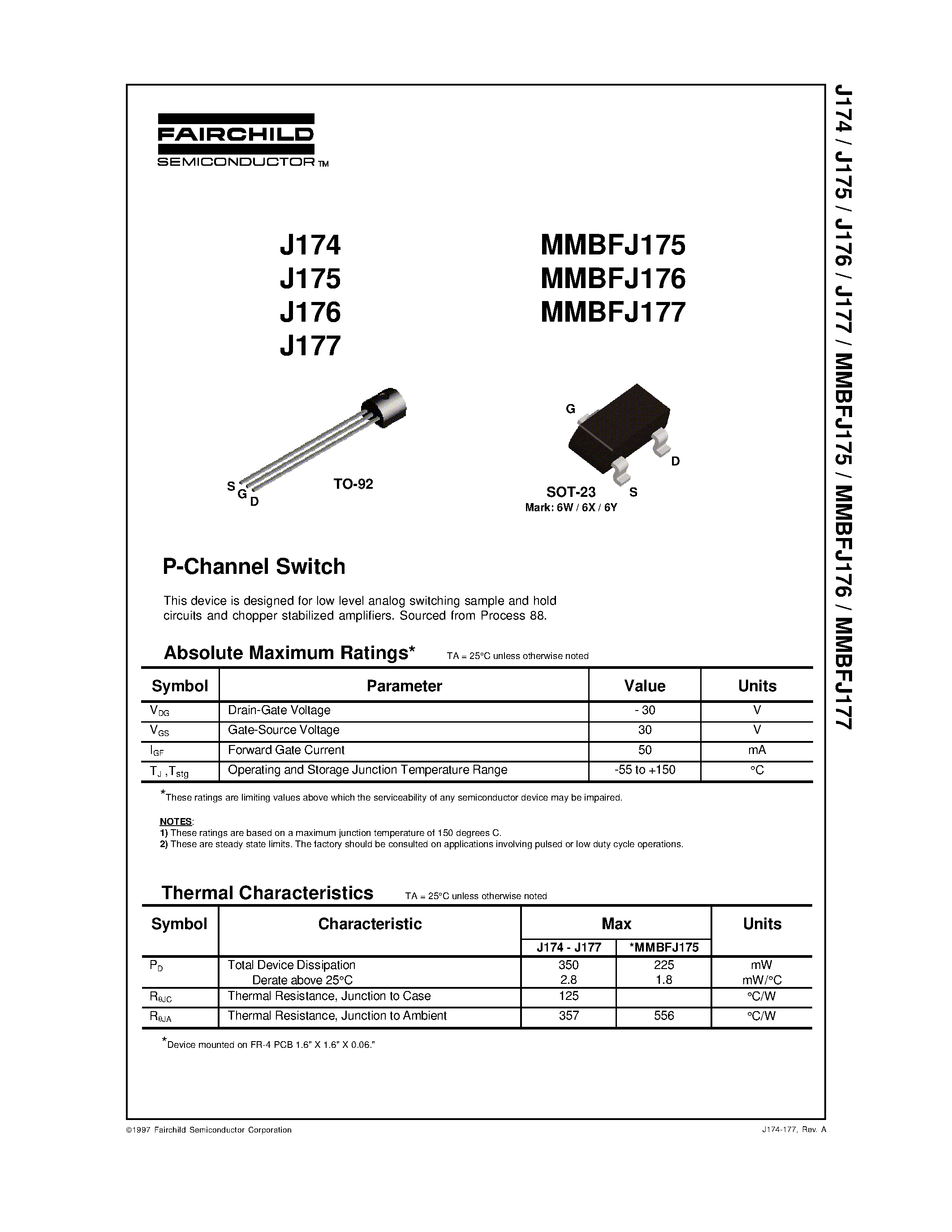 Datasheet J175 - P-Channel Switch page 1