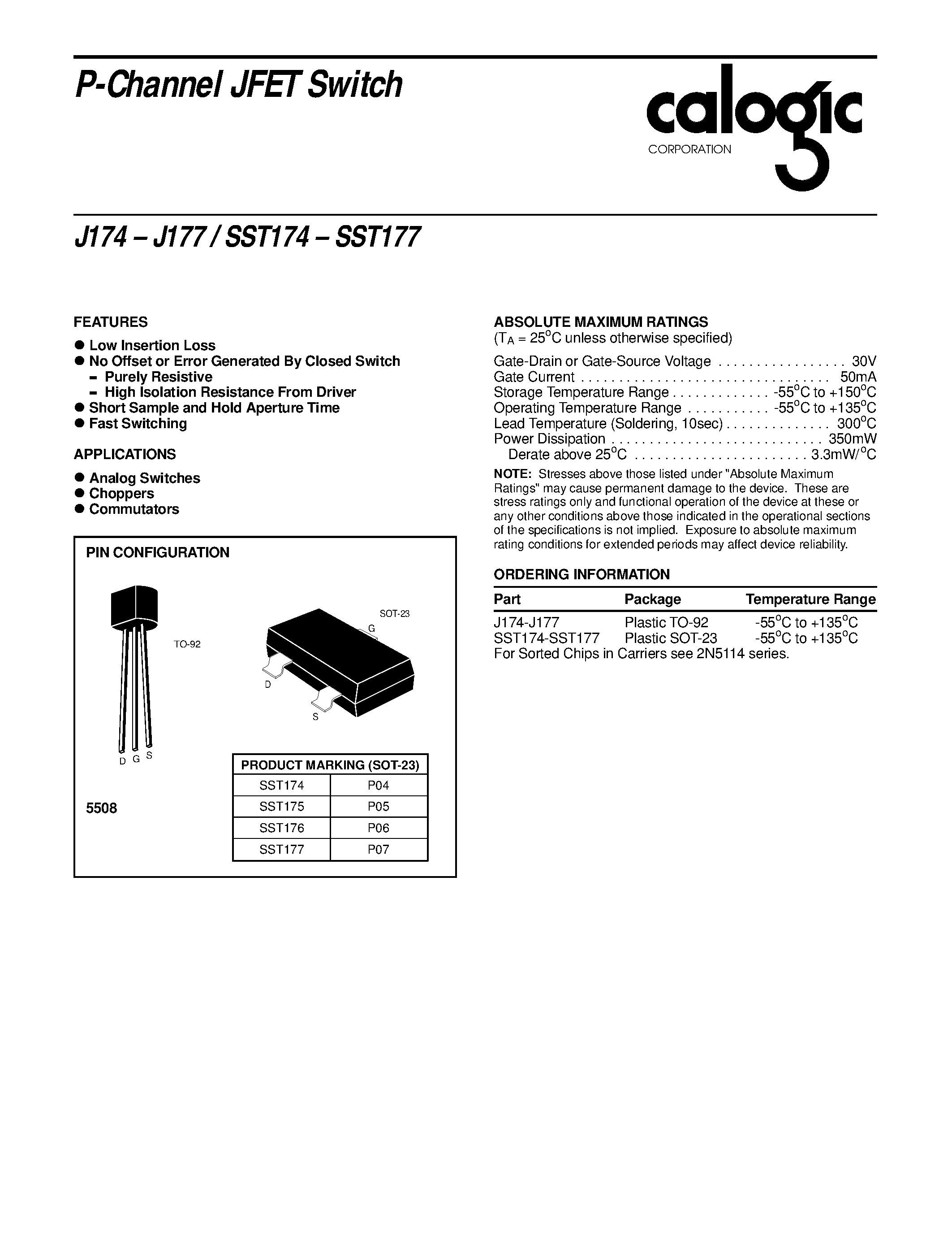 Datasheet J176 page 1 Datasheet J176 - P-Channel JFET Switch page 1