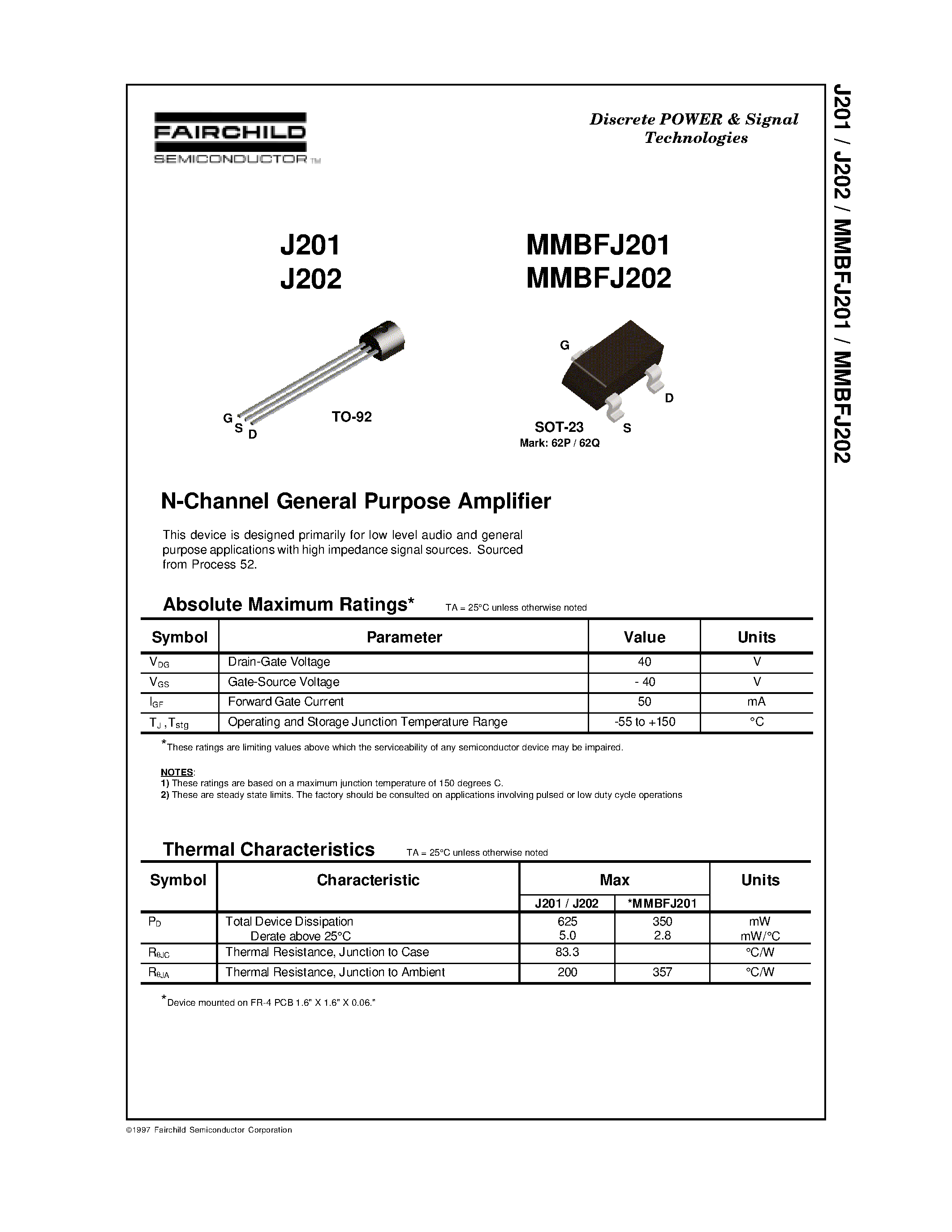 Datasheet J202 - N-Channel General Purpose Amplifier page 1