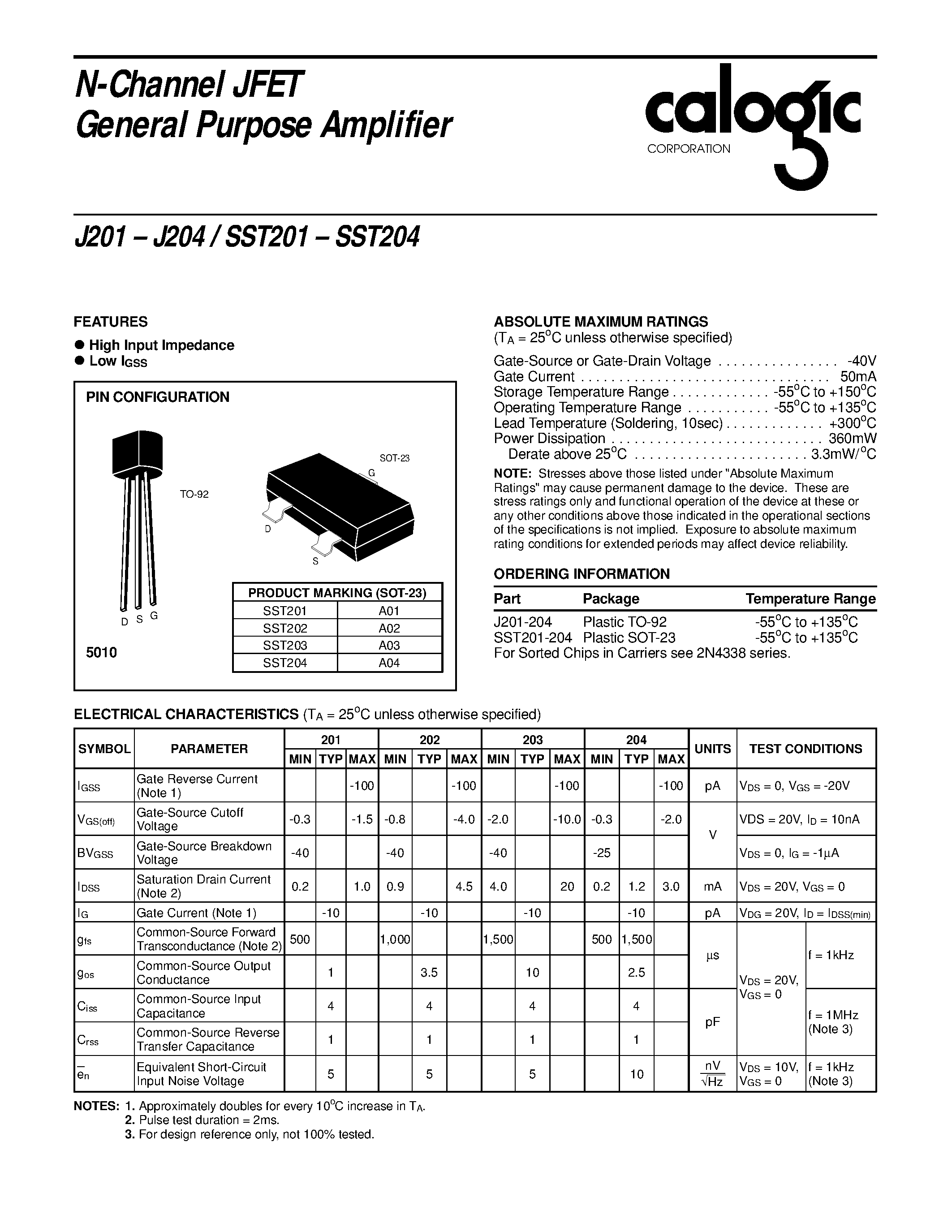 Datasheet J204 - N-Channel JFET General Purpose Amplifier page 1