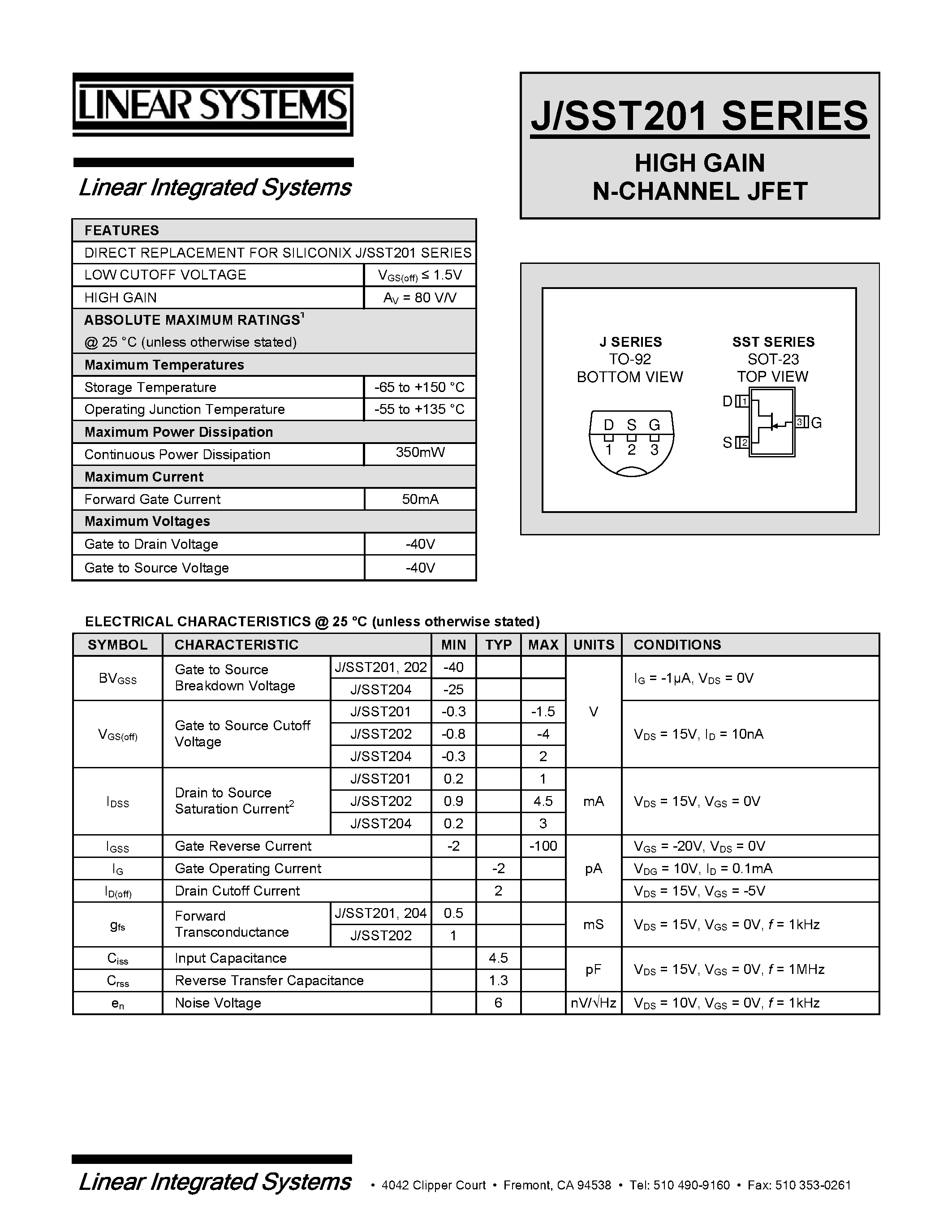 Datasheet J204 - HIGH GAIN N-CHANNEL JFET page 1