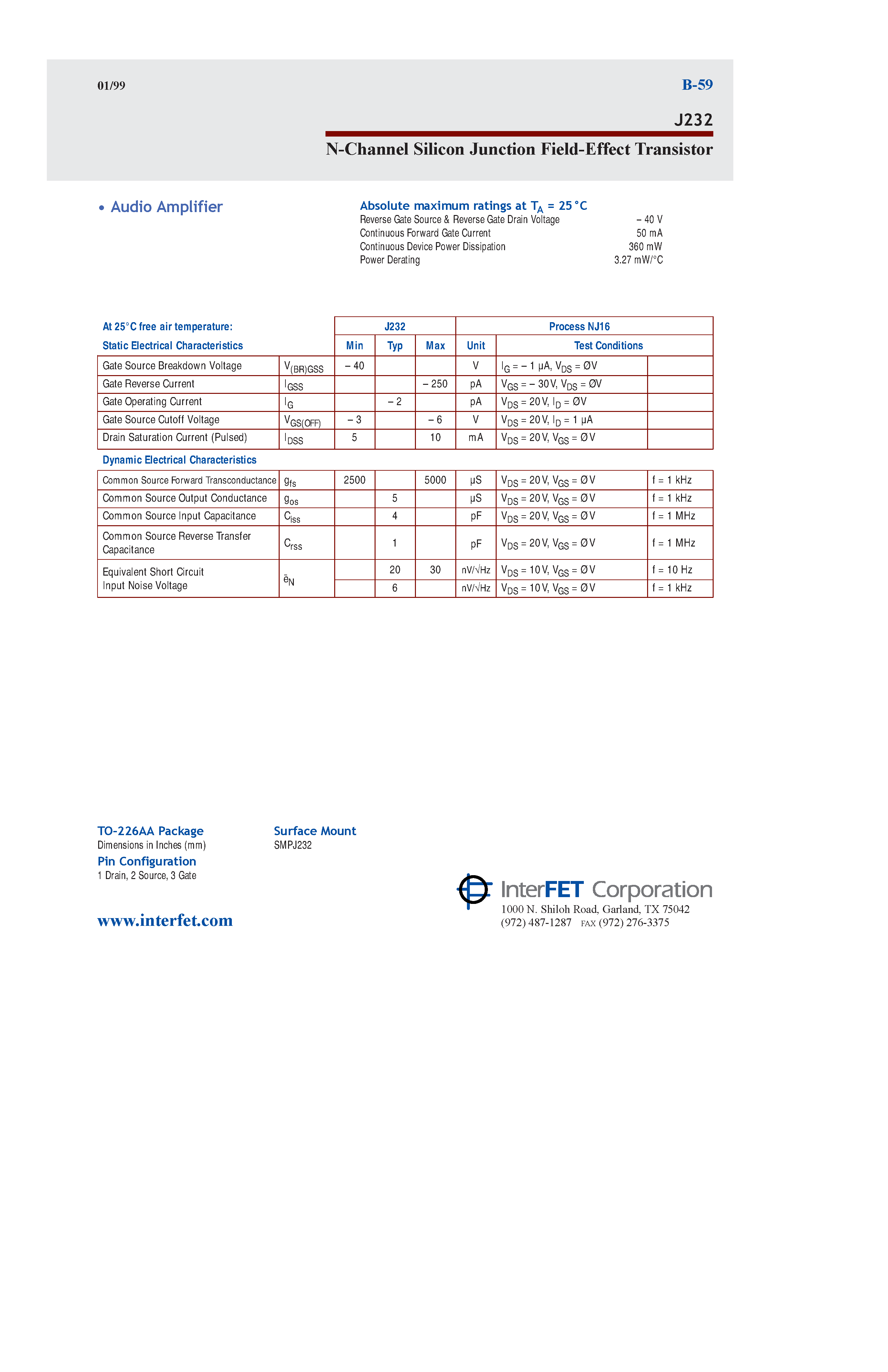 Datasheet J232 - N-Channel Silicon Junction Field-Effect Transistor page 1