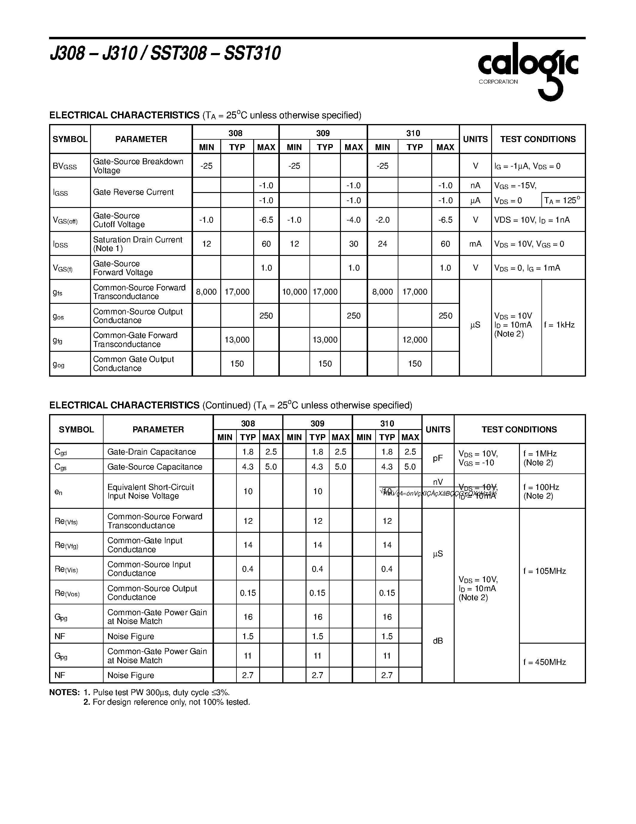 Datasheet J308 - N-Channel JFET High Frequency Amplifier page 2