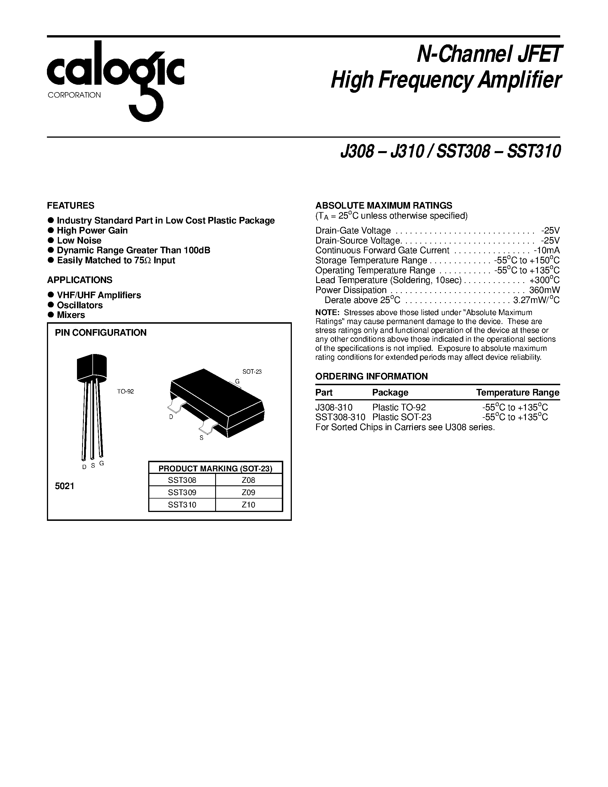 Datasheet J310 - N-Channel JFET High Frequency Amplifier page 1