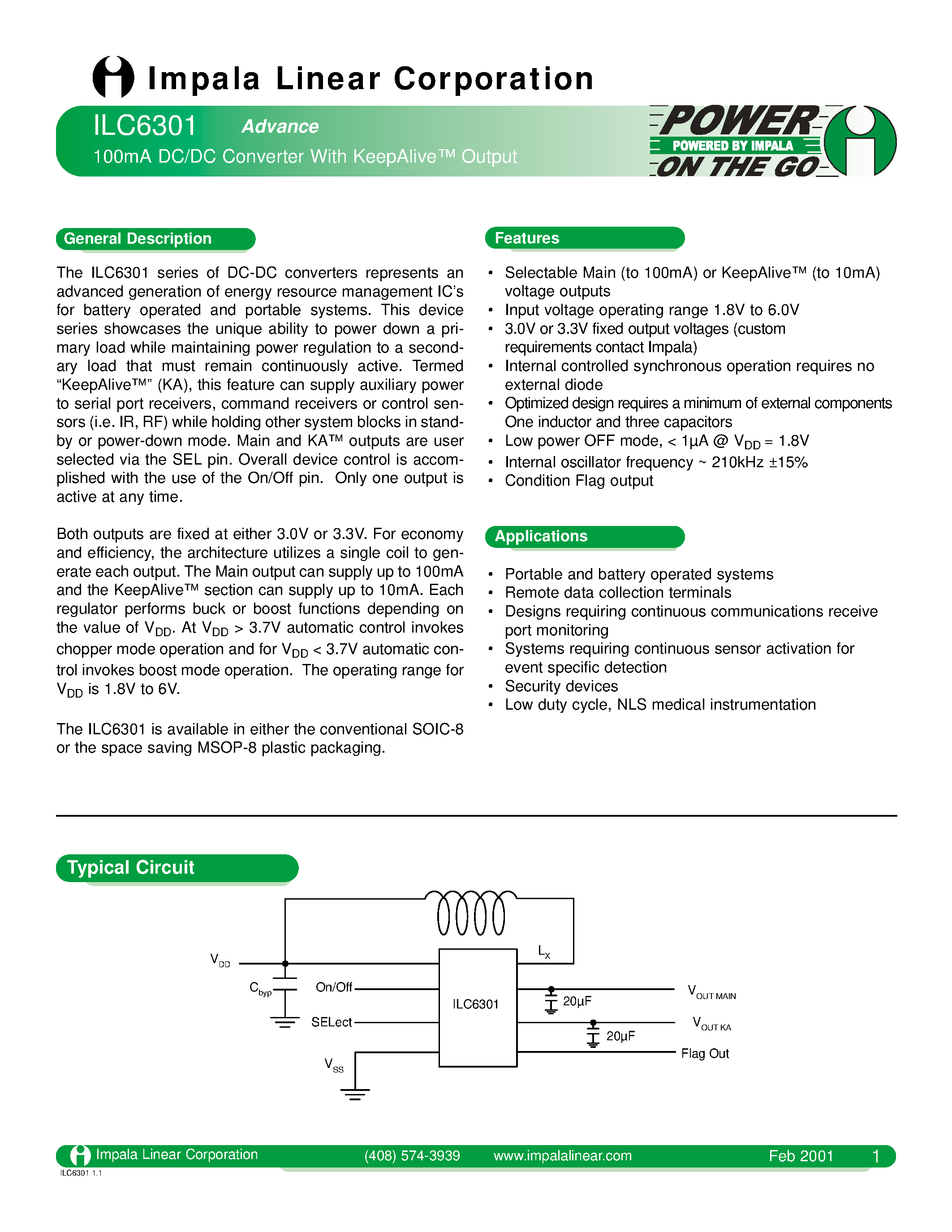 Даташит на микросхему ILC6301 страница 1 Даташит ILC6301 - 100mA DC/DC CONVERTER WITH KEEPALIVE OUTPUT страница 1