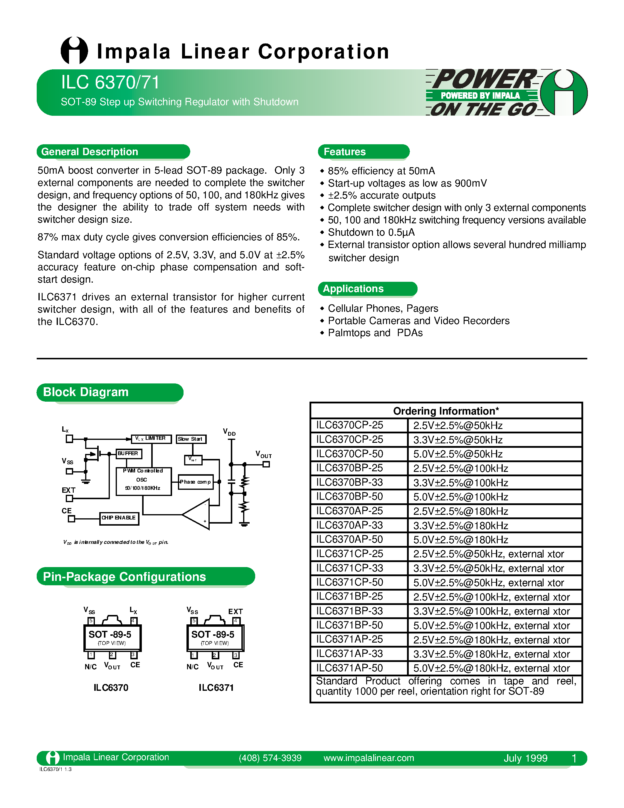 Даташит на микросхему ILC6370 страница 1 Даташит ILC6370 - SOT-89 STEP UP SWITCHING REGULATOR WITH SHUTDOWN страница 1
