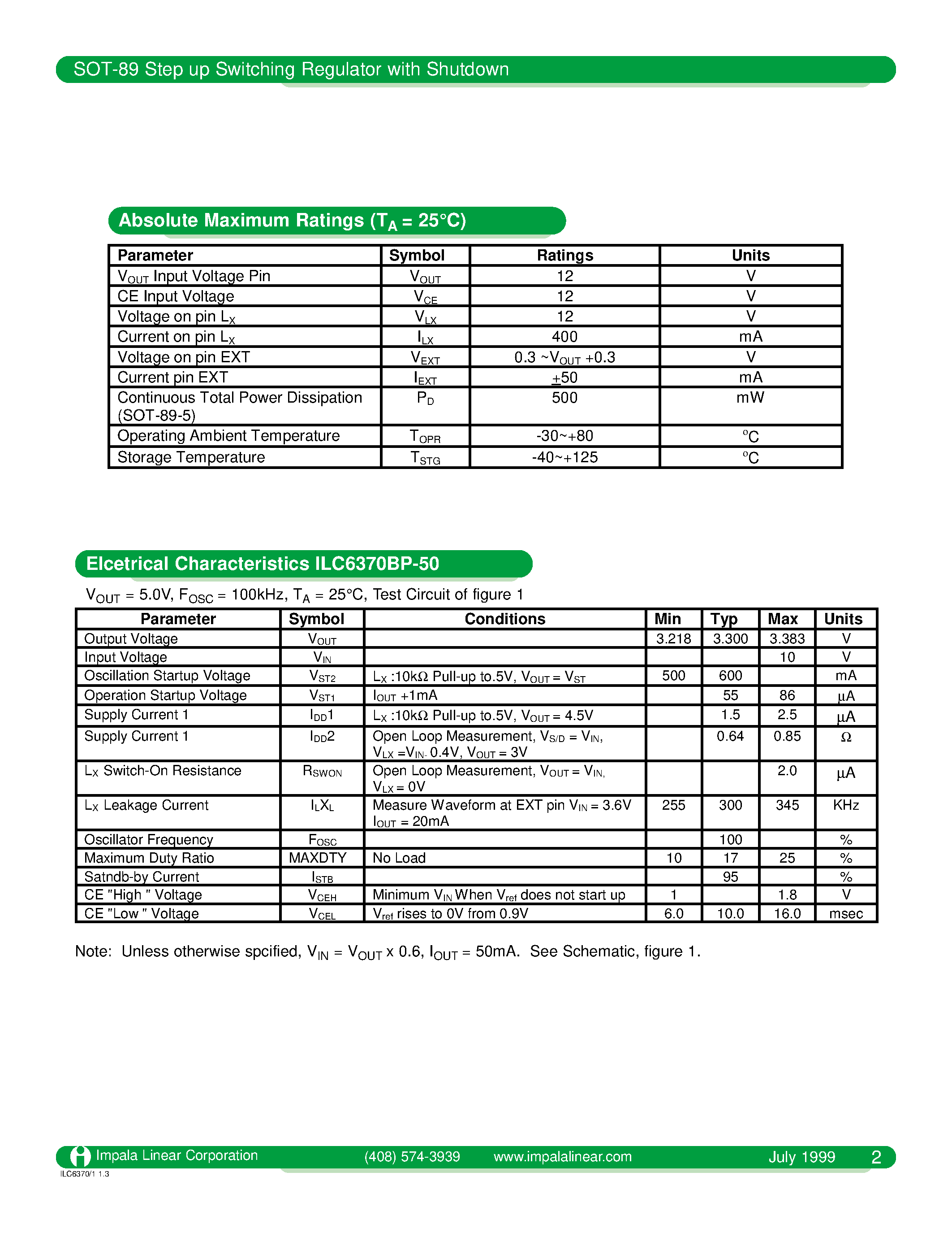 Даташит на микросхему ILC6370 страница 2 Даташит ILC6370 - SOT-89 STEP UP SWITCHING REGULATOR WITH SHUTDOWN страница 2