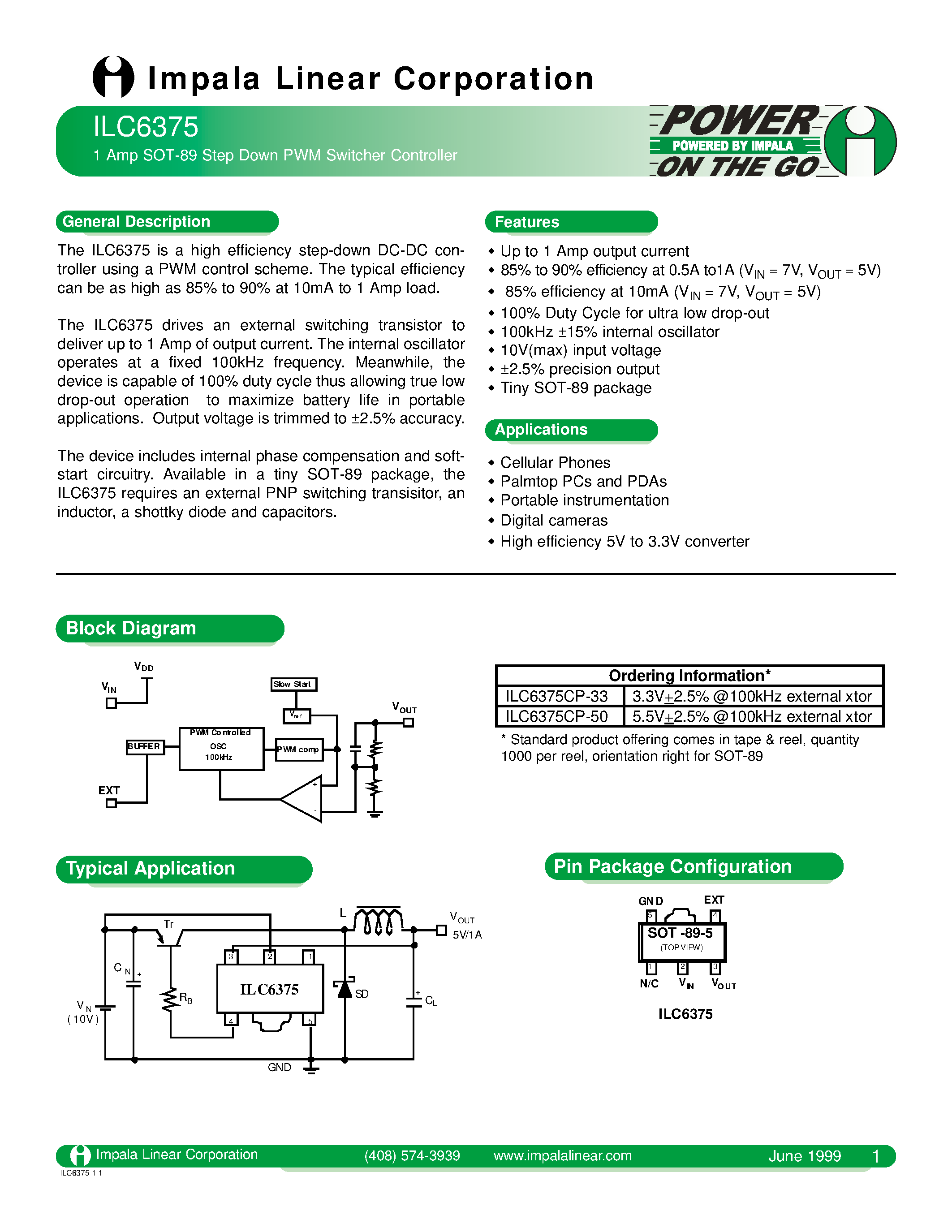 Даташит на микросхему ILC6375CP-50 страница 1 Даташит ILC6375CP-50 - 1 AMP SOT - 89 STEP DOWN PWM SWITCHER CONTROLLER страница 1