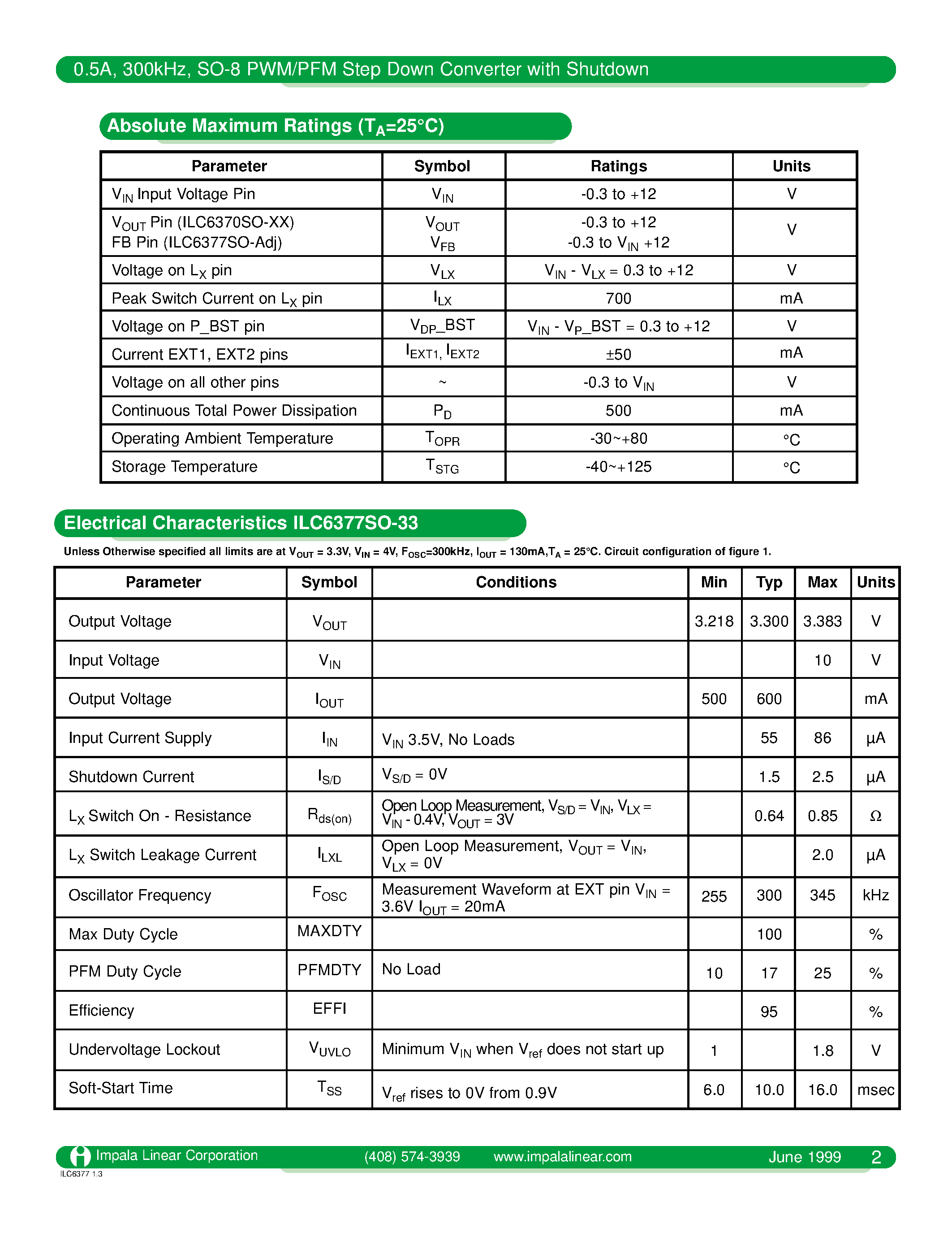 Даташит на микросхему ILC6377 страница 2 Даташит ILC6377 - 0.5A/ 300KHZ/ SO-8 PWM/PFM STEP DOWN CONVERTER WITH SHUTDOWN страница 2