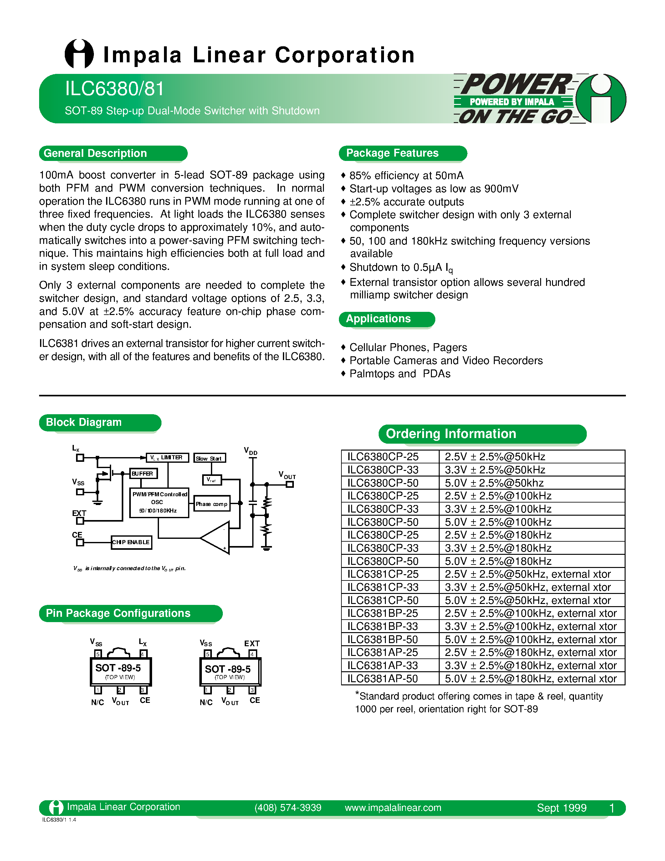 Даташит на микросхему ILC6380 страница 1 Даташит ILC6380 - SOT-89 STEP-UP DUAL-MODE SWITCHER WITH SHUTDOWN страница 1