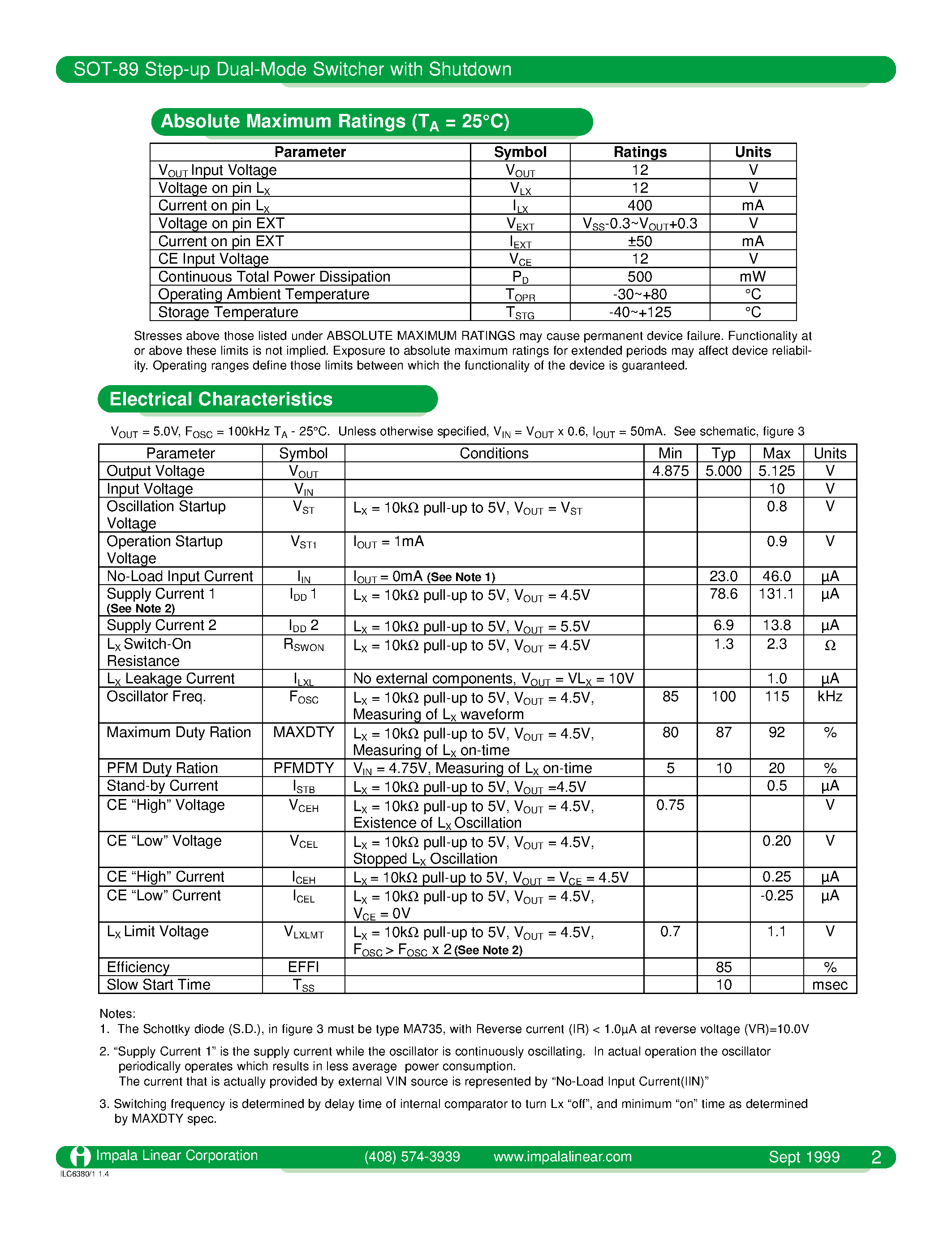 Даташит на микросхему ILC6380 страница 2 Даташит ILC6380 - SOT-89 STEP-UP DUAL-MODE SWITCHER WITH SHUTDOWN страница 2
