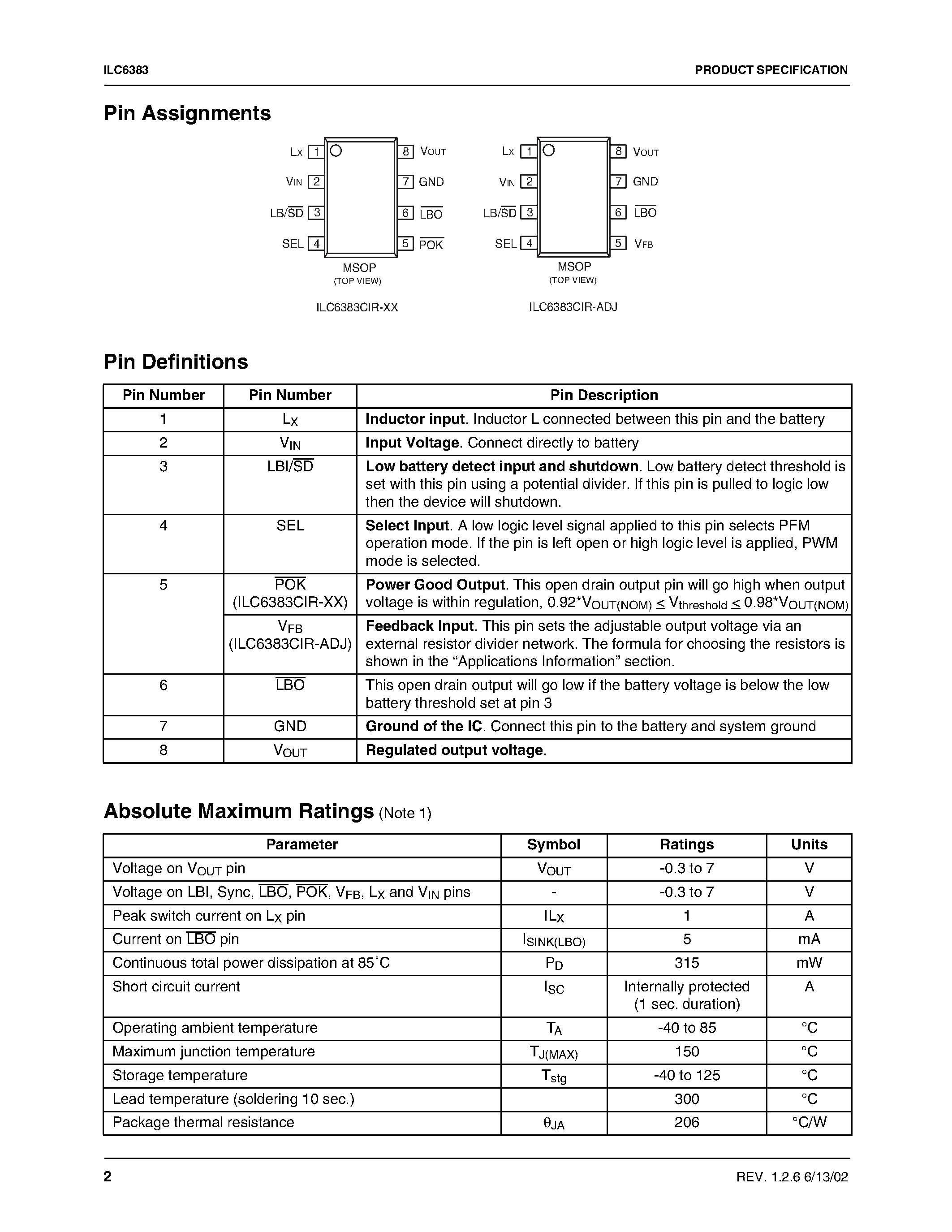 Даташит на микросхему ILC6383 страница 2 Даташит ILC6383 - 1-Cell to 3-Cell Boost DC-DC Converter with True Load Disconnect/ 3.3V/ 5V or Adjustable Output страница 2