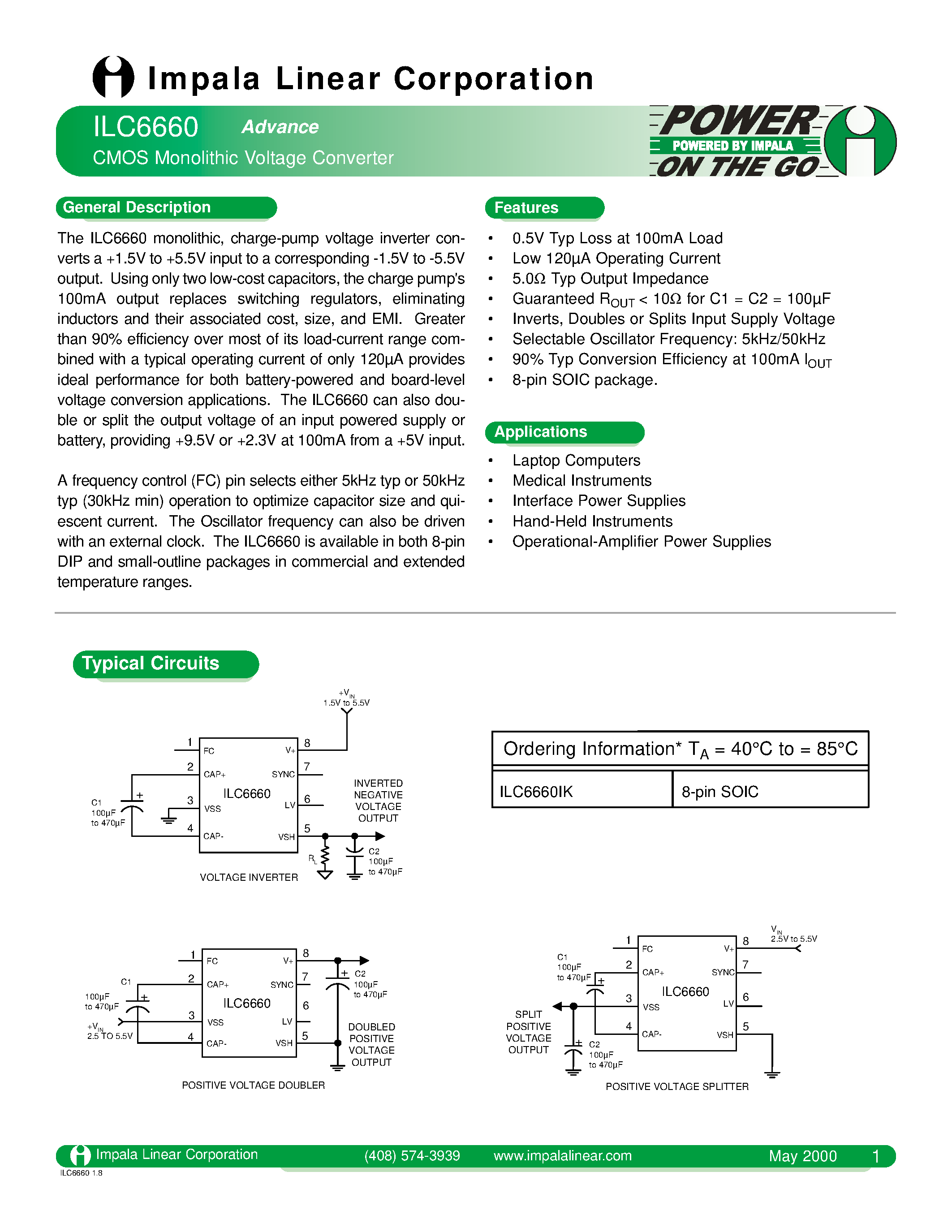 Даташит на микросхему ILC6660 страница 1 Даташит ILC6660 - CMOS MONOLITHIC VOLTAGE CONVERTER страница 1