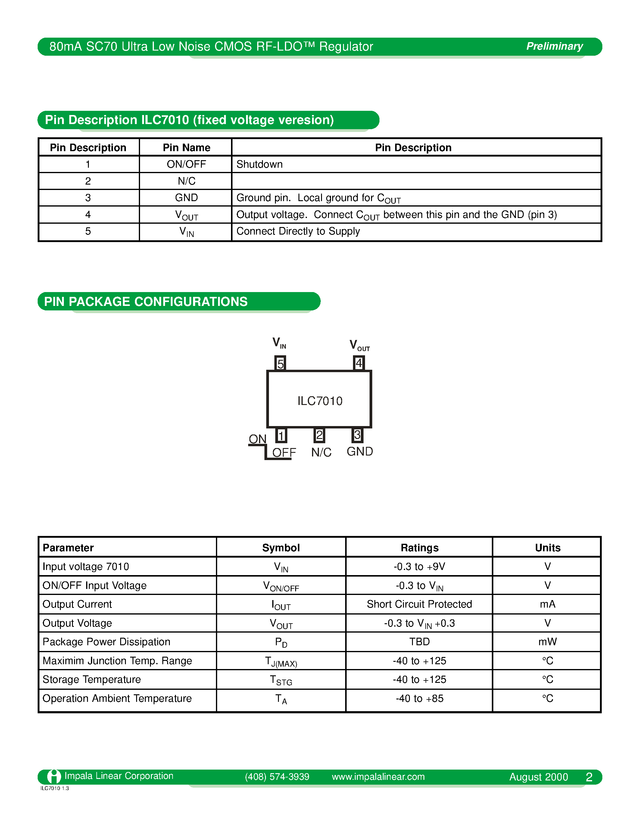 Даташит на микросхему ILC7010 страница 2 Даташит ILC7010 - 80MA SC70 ULTRA LOW NOISE CMOS RF-LDO REGULATOR страница 2