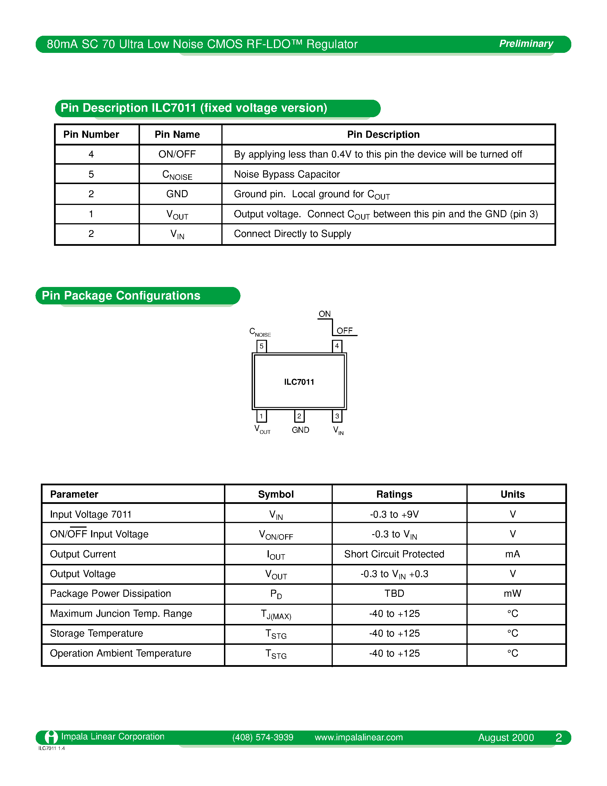 Даташит на микросхему ILC7011 страница 2 Даташит ILC7011 - 80mA SC70 Ultra Low Noise CMOS RF-LDO Regulator страница 2