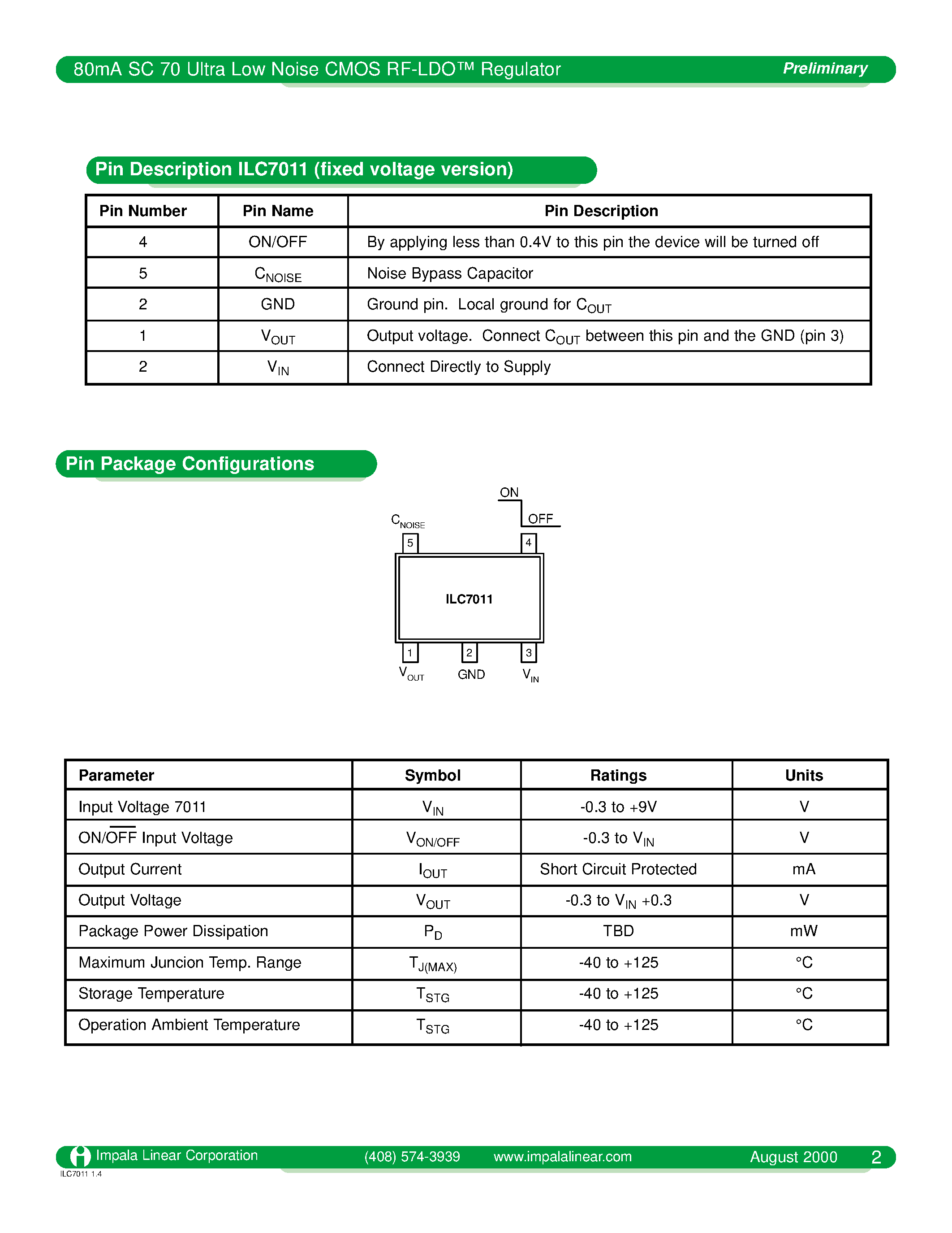 Datasheet ILC7011C5-36 - 80mA SC70 Ultra Low Noise CMOS RF-LDO Regulator page 2