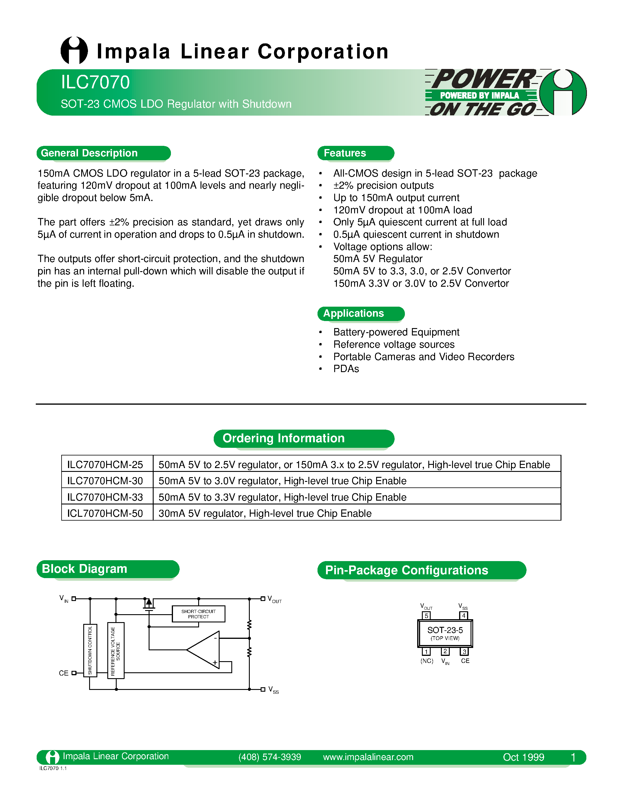 Datasheet ILC7070 - SOT-23 CMOS LDO REGULATOR WITH SHUTDOWN page 1