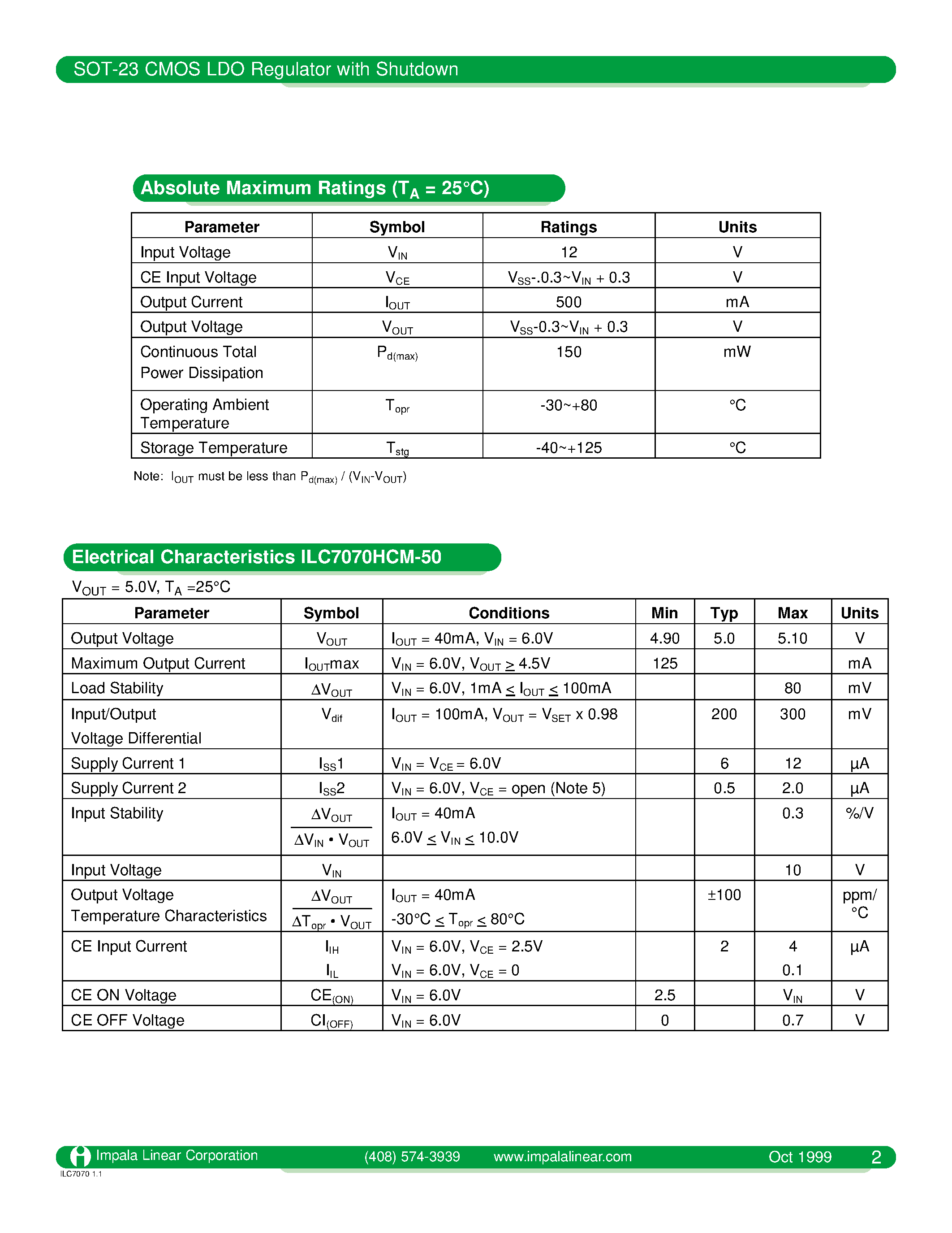Datasheet ILC7070 - SOT-23 CMOS LDO REGULATOR WITH SHUTDOWN page 2