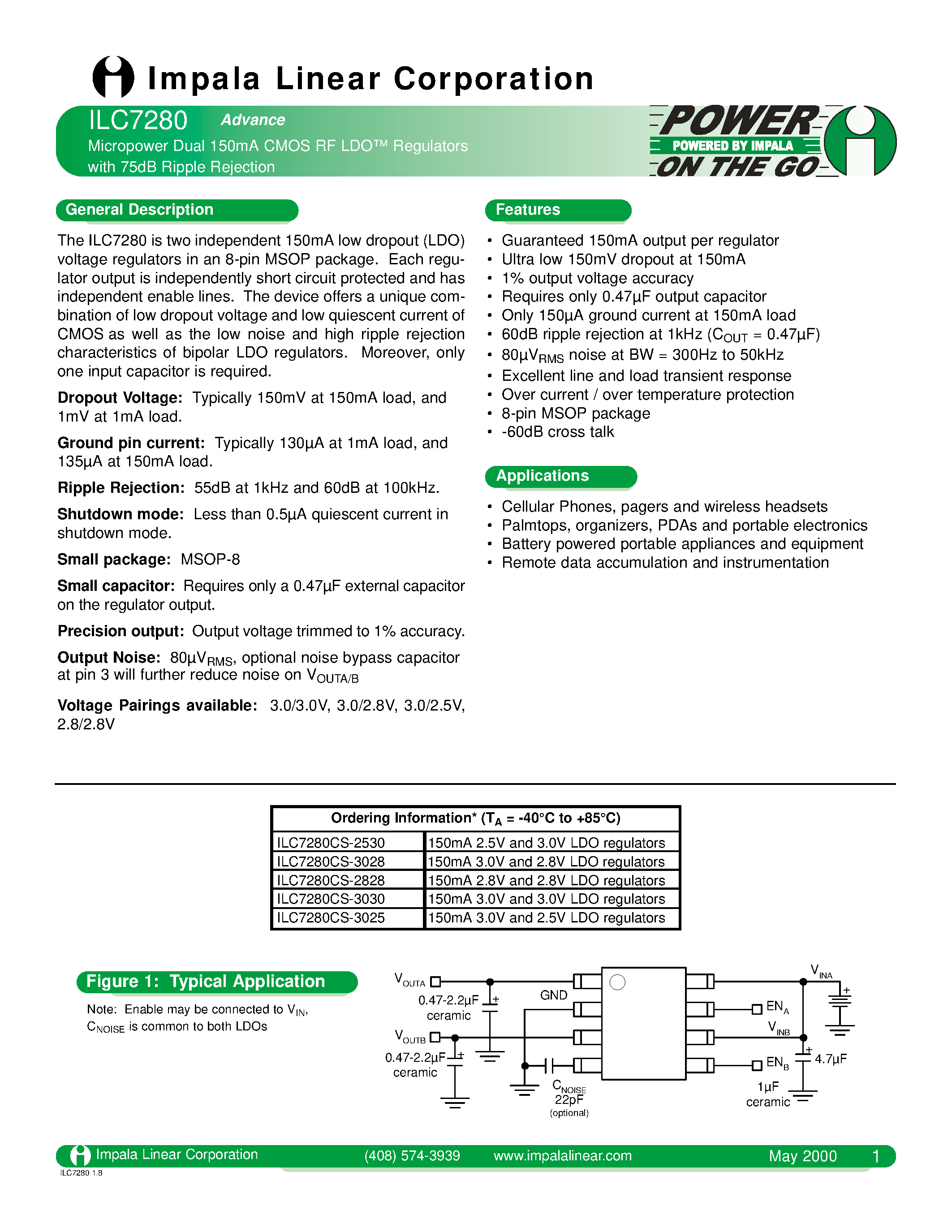 Даташит ILC7280 - MICROPOWER DUAL 150MA CMOS RF LDO REGULATORS WITH 75DB RIPPLE REJECTION страница 1