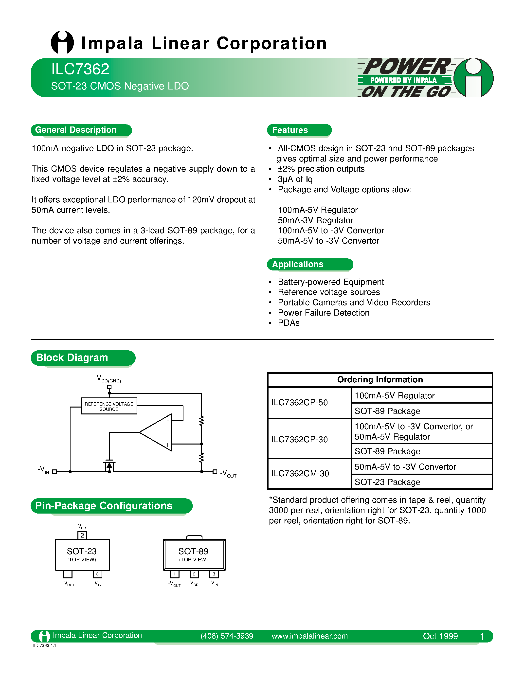 Datasheet ILC7362 page 1 Datasheet ILC7362 - SOT-23 CMOS NEGATIVE LDO page 1