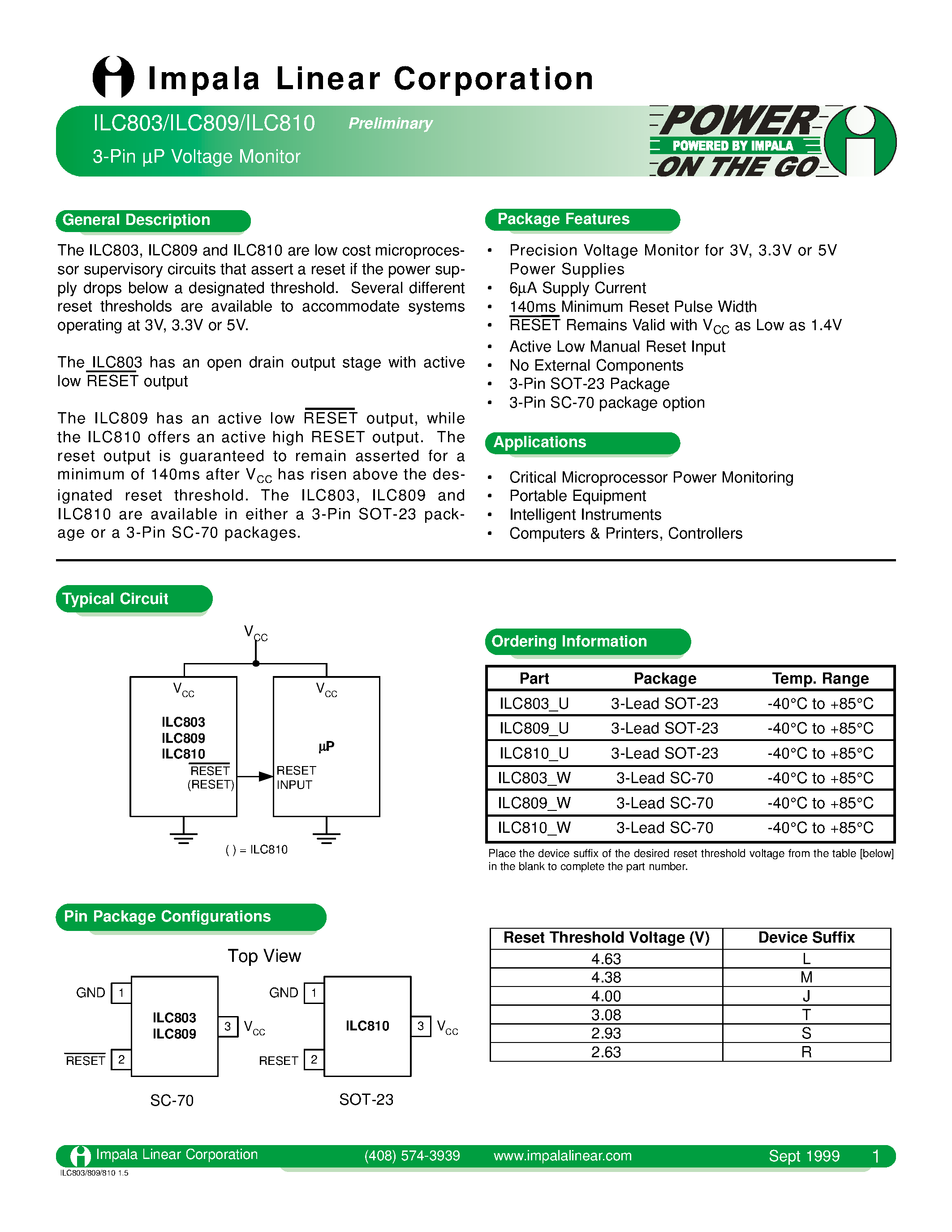 Datasheet ILC809_W - 3-PIN P VOLTAGE MONITOR page 1