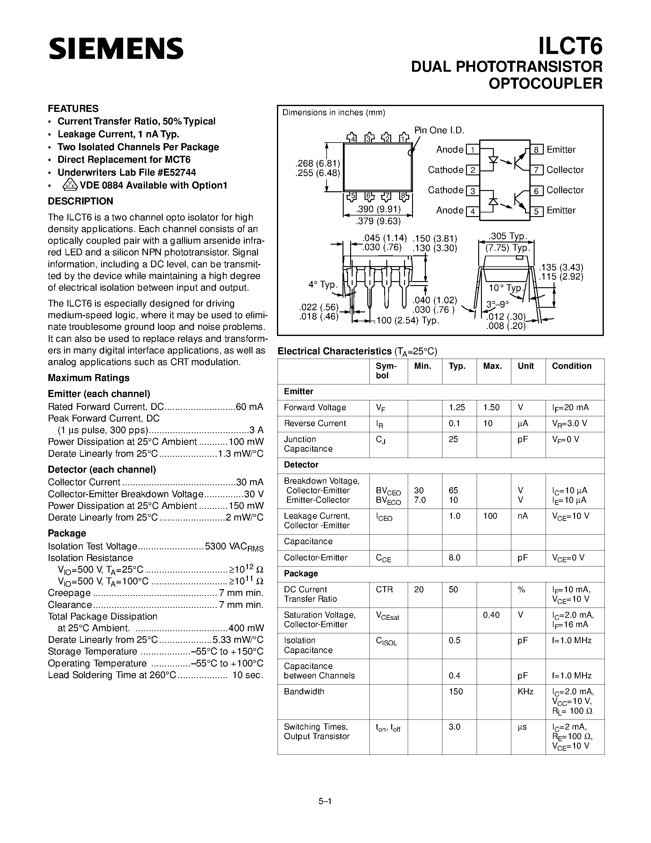 Datasheet ILCT6 - DUAL PHOTOTRANSISTOR OPTOCOUPLER page 1