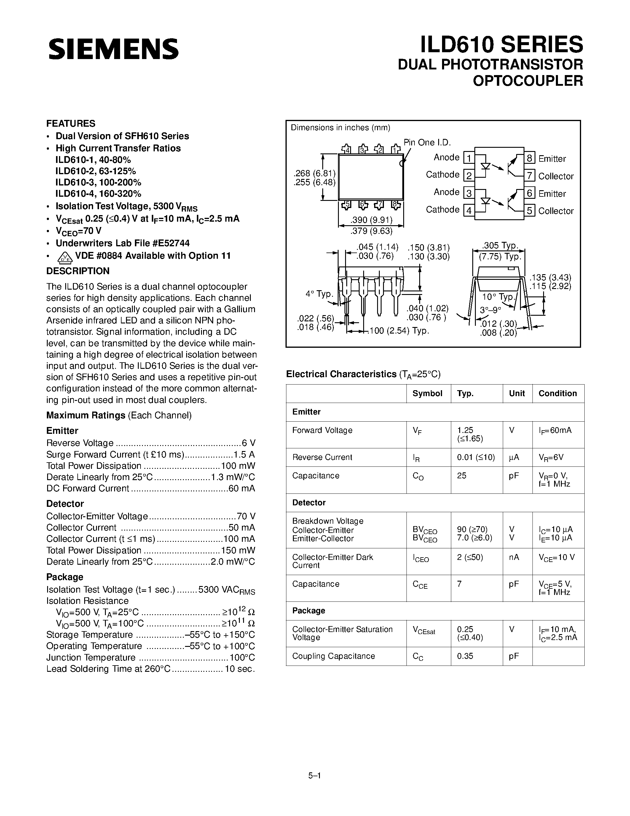 Даташит ILD610-1 - DUAL PHOTOTRANSISTOR OPTOCOUPLER страница 1