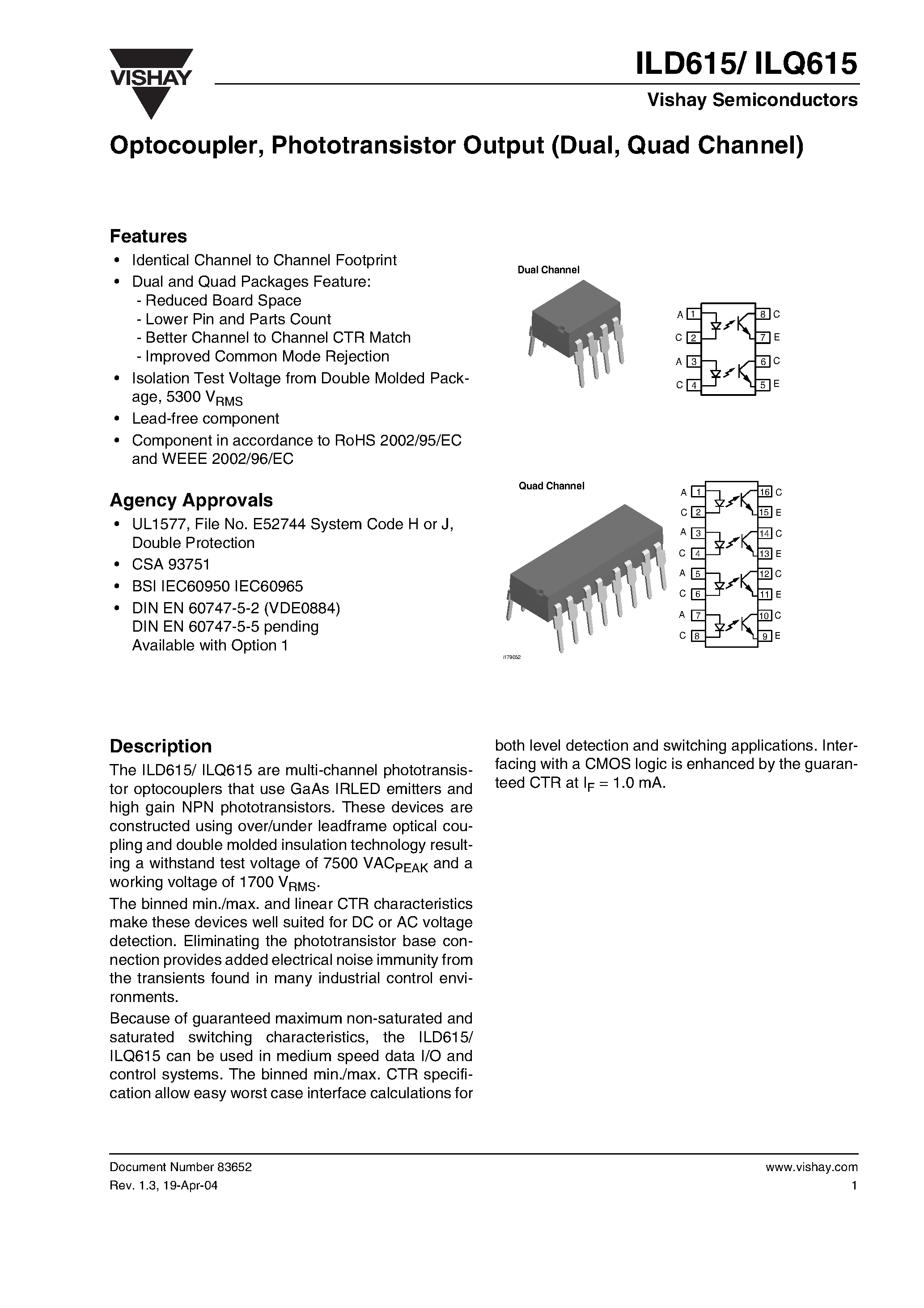 Datasheet ILD615-3 - Optocoupler/ Phototransistor Output (Dual/ Quad Channel) page 1